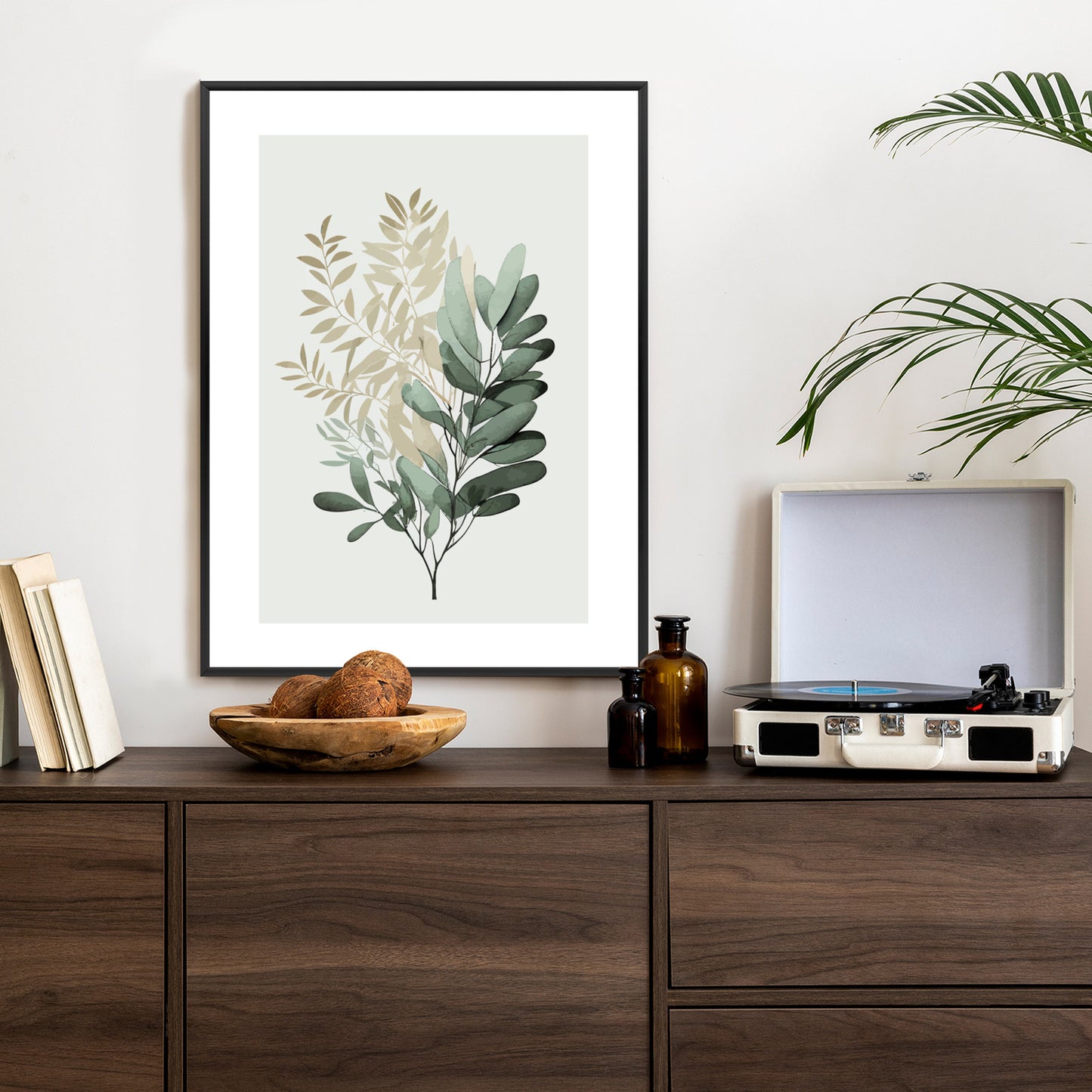 Poster Grüner Und Goldener Aquarellzweig Rahmen Holz Mit Passepartout Farbe Natürlich