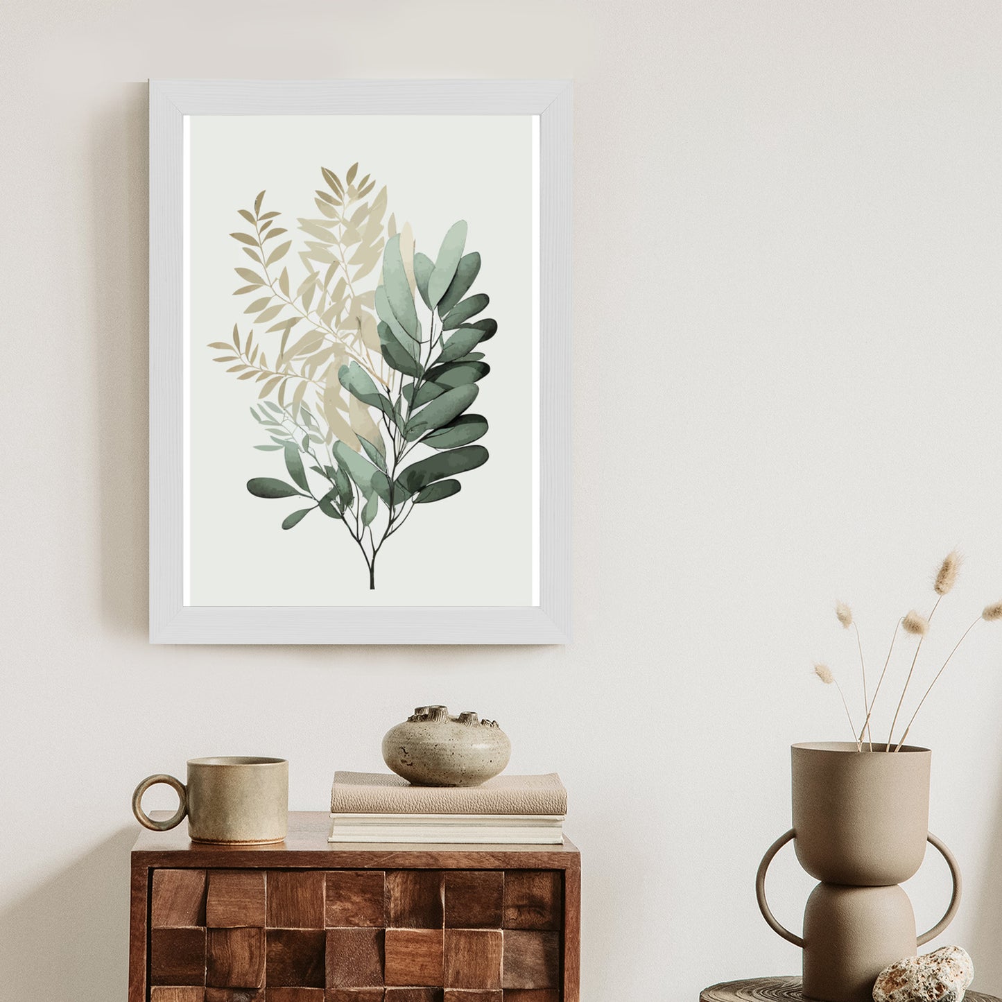 Poster Grüner Und Goldener Aquarellzweig Rahmen Holz Mit Passepartout Farbe Natürlich