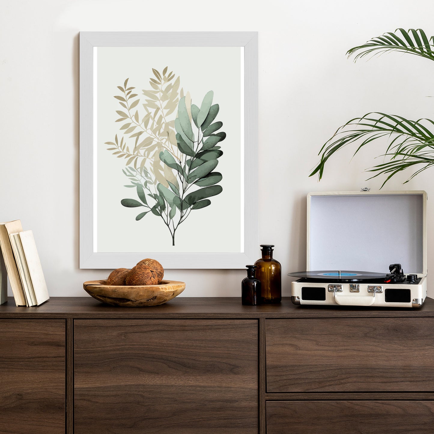 Poster Grüner Und Goldener Aquarellzweig Rahmen Holz Mit Passepartout Farbe Natürlich