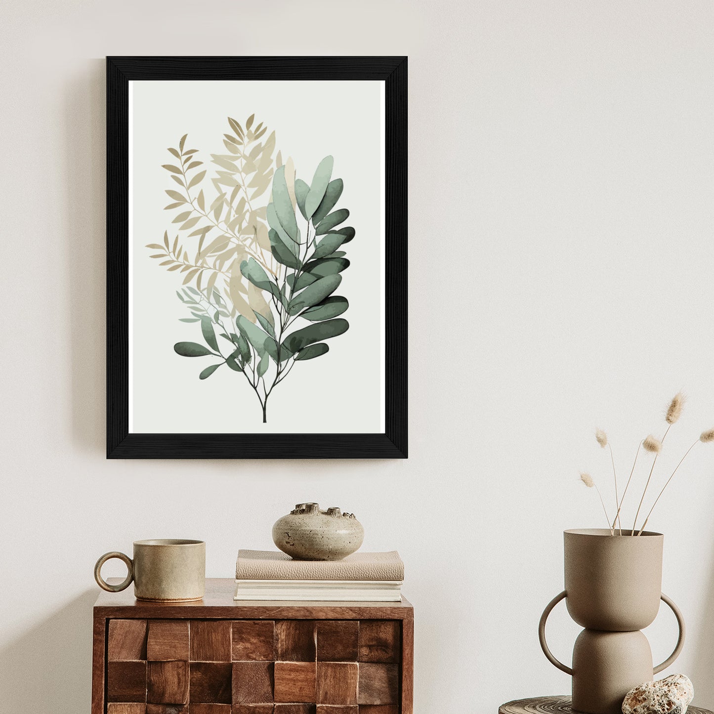 Poster Grüner Und Goldener Aquarellzweig Rahmen Holz Mit Passepartout Farbe Natürlich