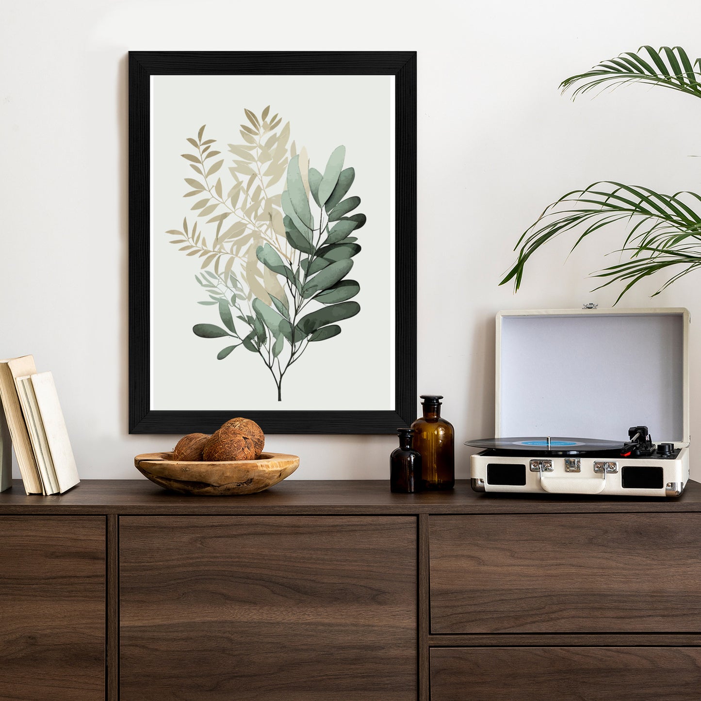 Poster Grüner Und Goldener Aquarellzweig Rahmen Holz Mit Passepartout Farbe Natürlich