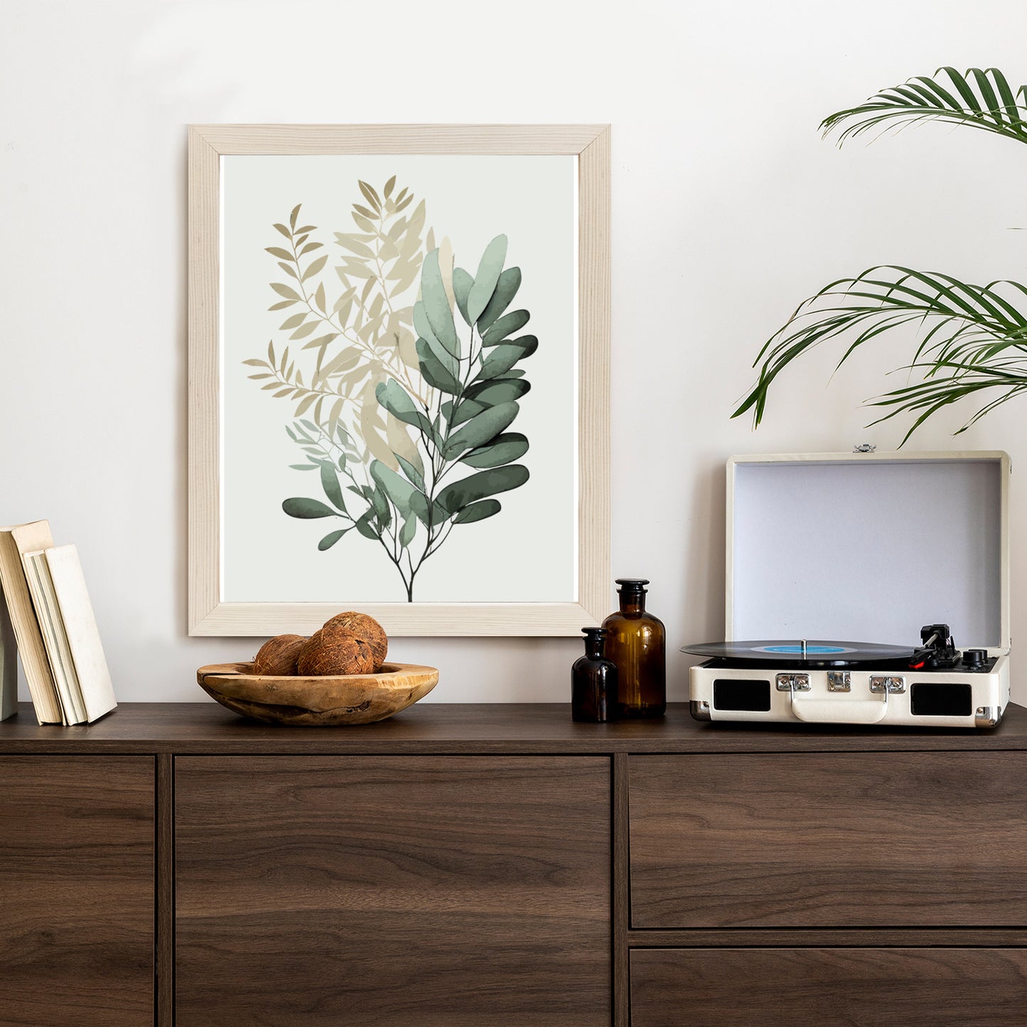 Poster Grüner Und Goldener Aquarellzweig Rahmen Holz Mit Passepartout Farbe Natürlich