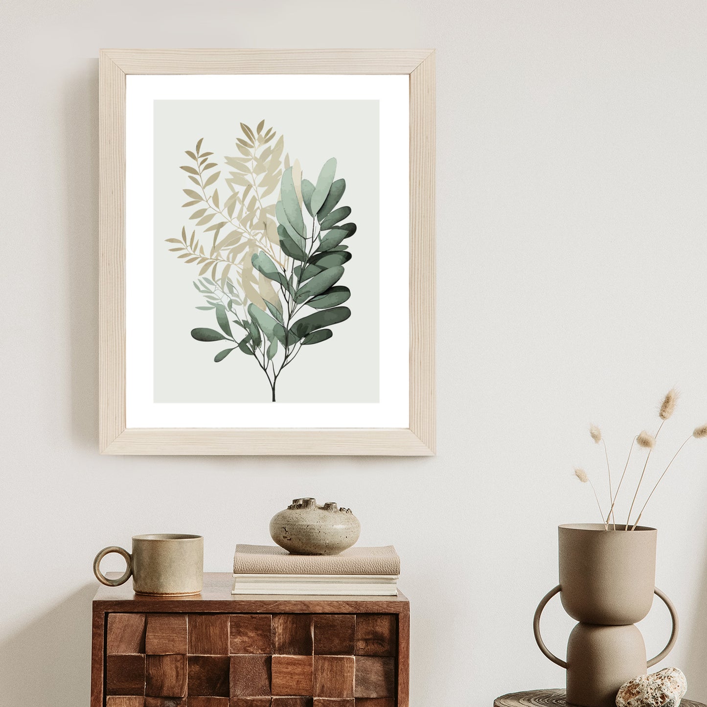 Poster Grüner Und Goldener Aquarellzweig Rahmen Holz Mit Passepartout Farbe Natürlich