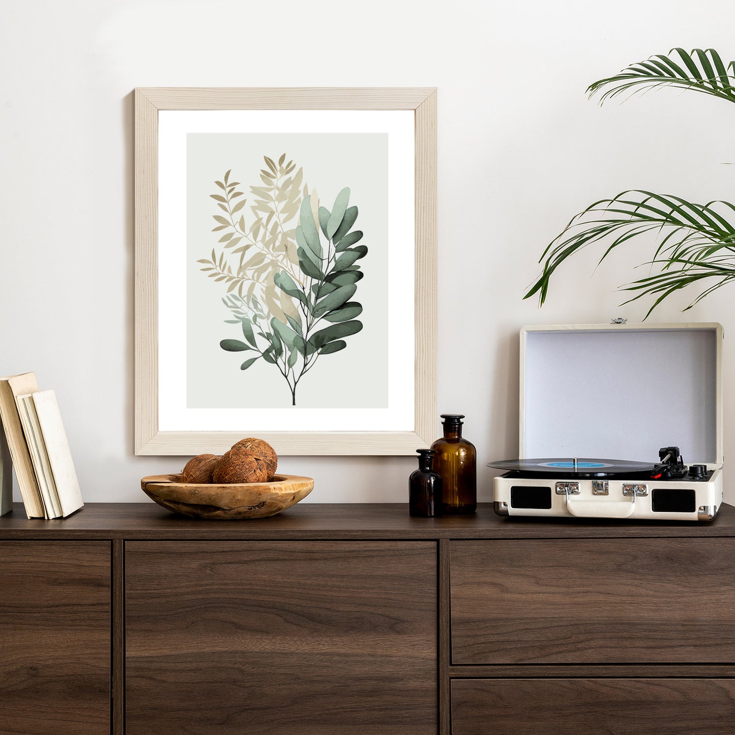 Poster Grüner Und Goldener Aquarellzweig Rahmen Holz Mit Passepartout Farbe Natürlich