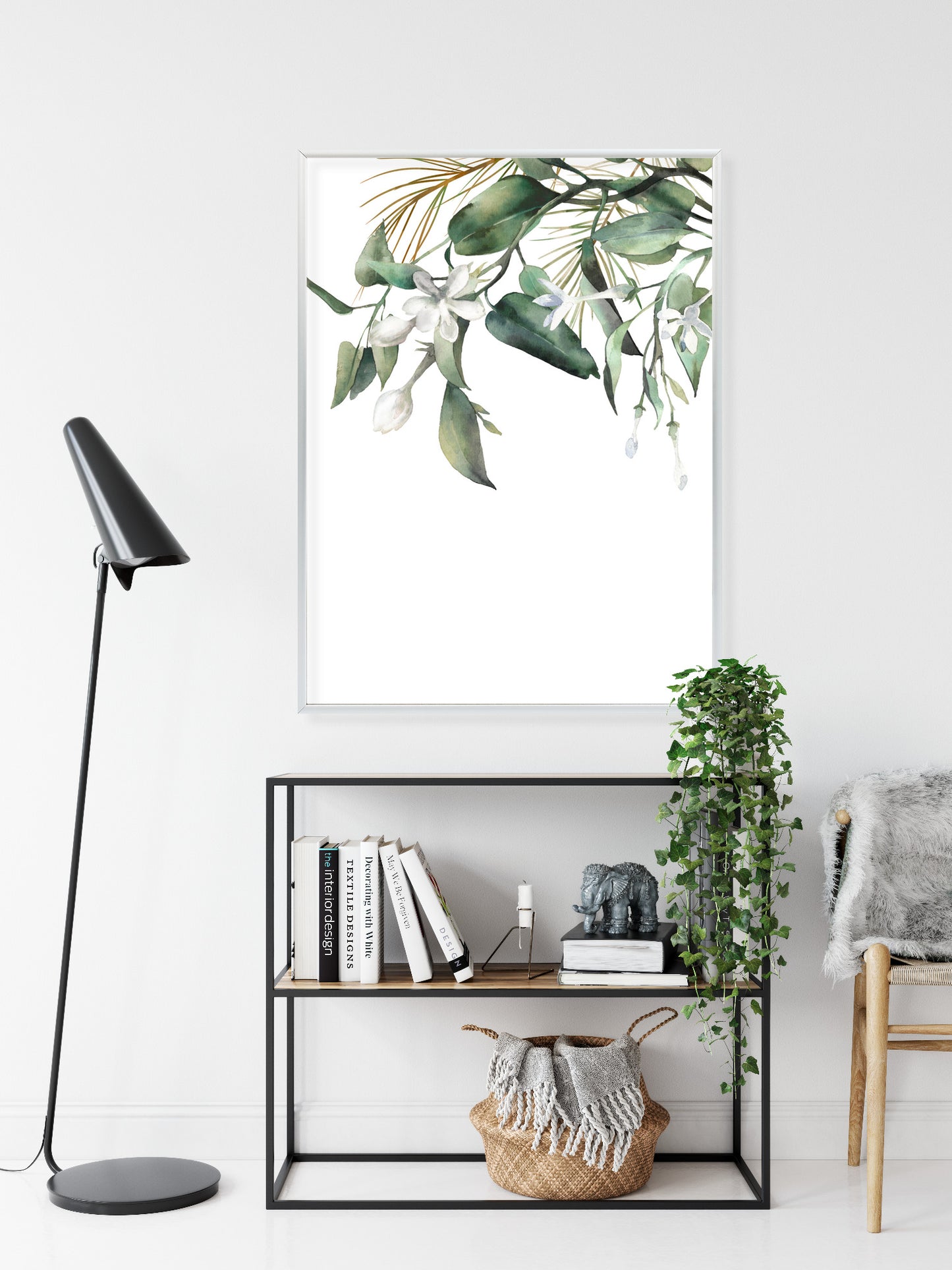 Poster Weiße Blumen Auf Grünen Aquarellzweigen Rahmen Holz Mit Passepartout Farbe Natürlich