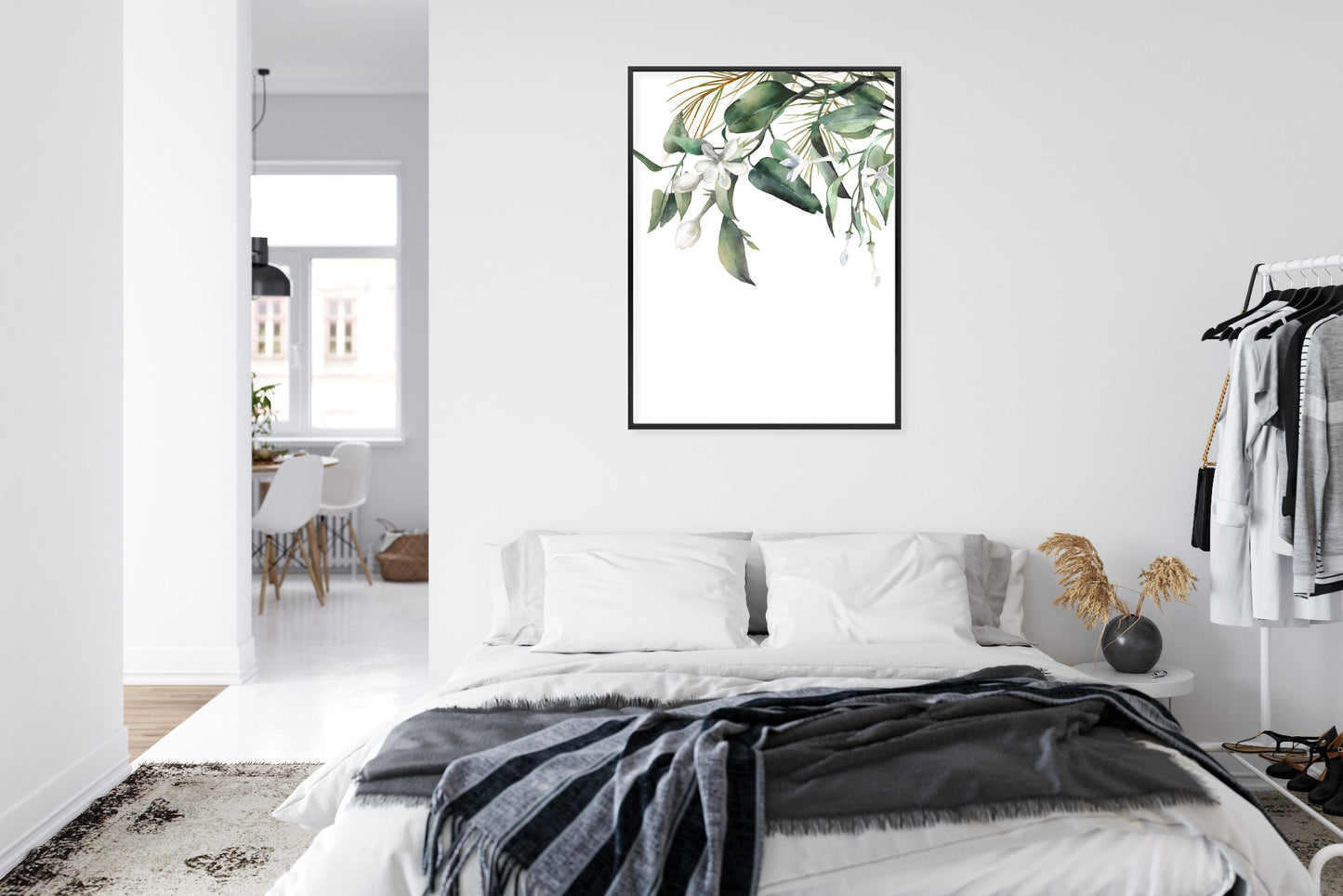 Poster Weiße Blumen Auf Grünen Aquarellzweigen Rahmen Holz Mit Passepartout Farbe Natürlich