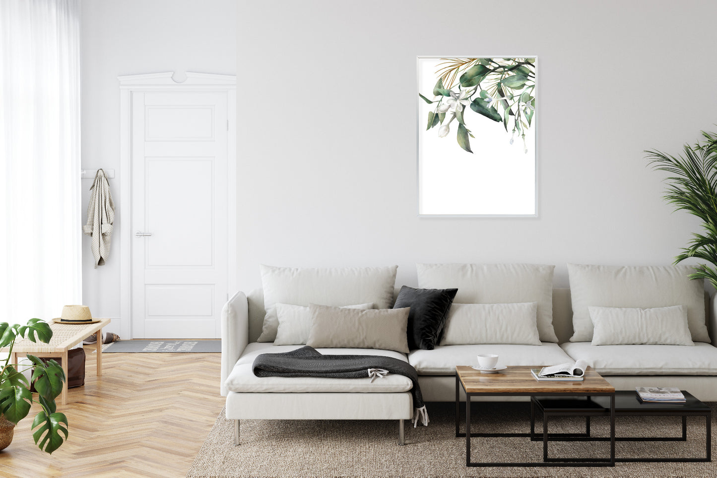 Poster Weiße Blumen Auf Grünen Aquarellzweigen Rahmen Holz Mit Passepartout Farbe Natürlich