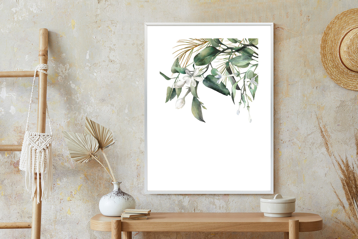 Poster Weiße Blumen Auf Grünen Aquarellzweigen Rahmen Holz Mit Passepartout Farbe Natürlich