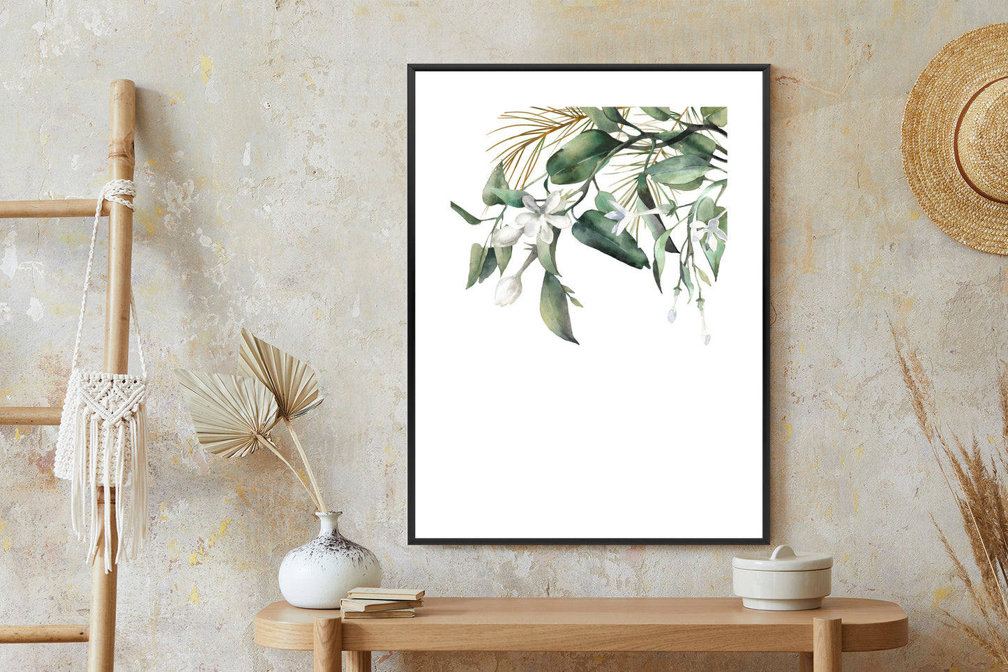 Poster Weiße Blumen Auf Grünen Aquarellzweigen Rahmen Holz Mit Passepartout Farbe Natürlich