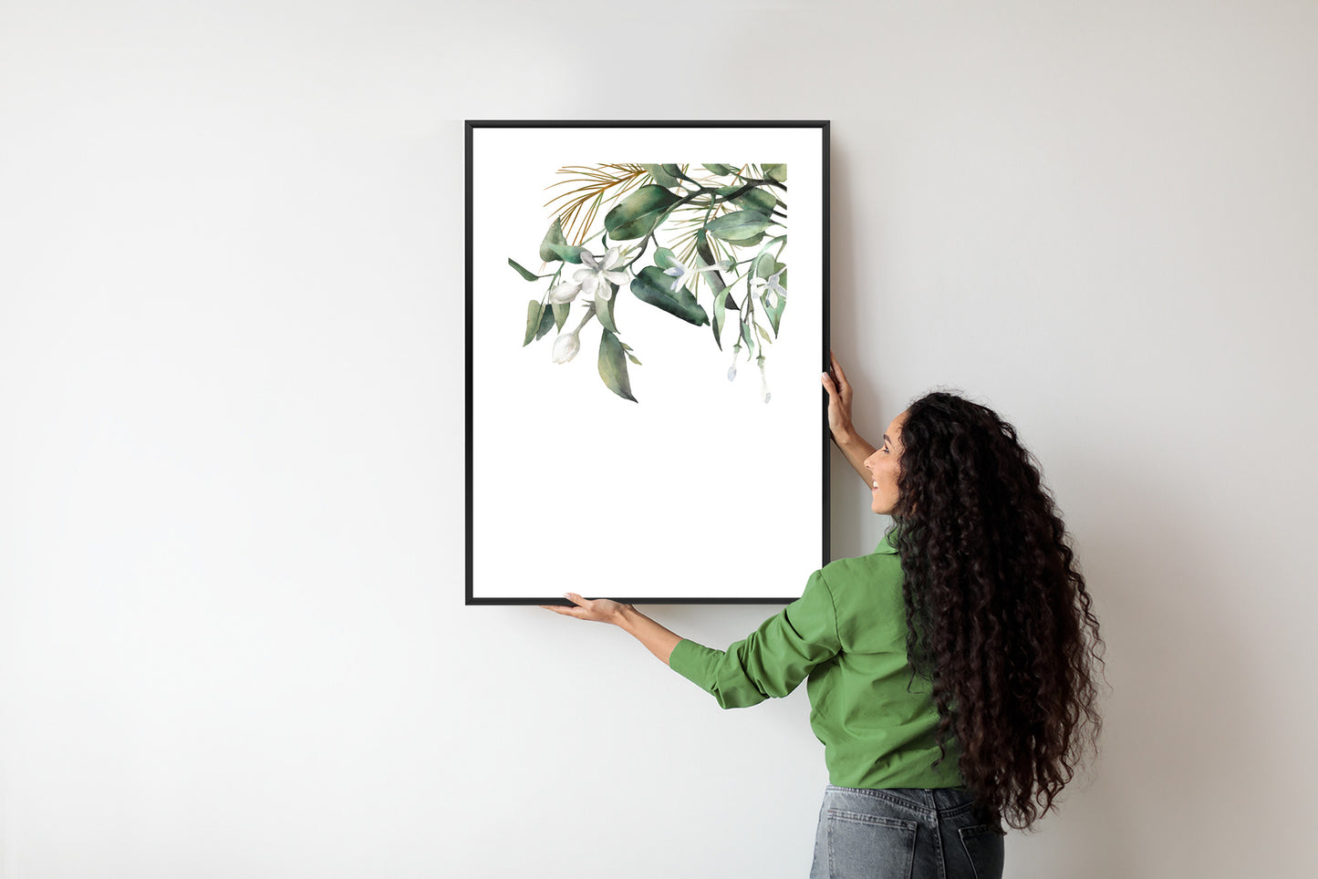Poster Weiße Blumen Auf Grünen Aquarellzweigen Rahmen Holz Mit Passepartout Farbe Natürlich
