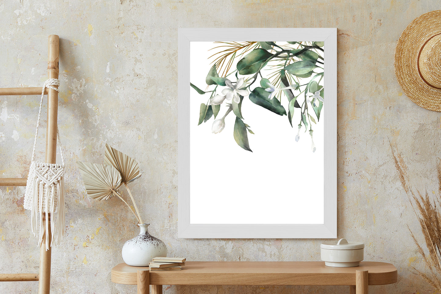 Poster Weiße Blumen Auf Grünen Aquarellzweigen Rahmen Holz Mit Passepartout Farbe Natürlich