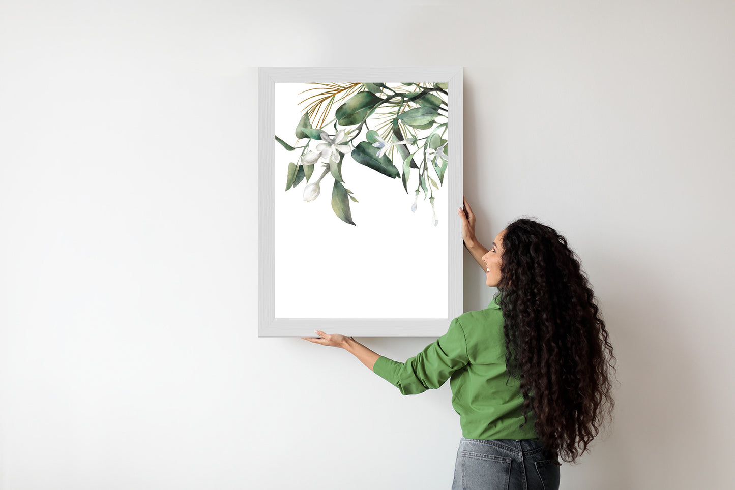Poster Weiße Blumen Auf Grünen Aquarellzweigen Rahmen Holz Mit Passepartout Farbe Natürlich