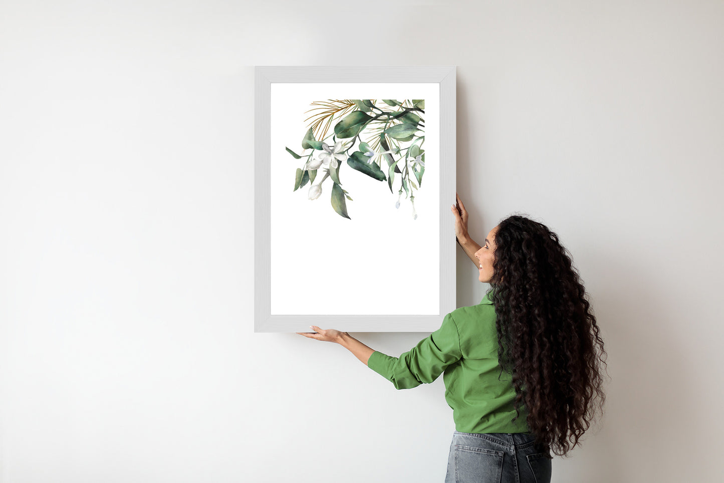 Poster Weiße Blumen Auf Grünen Aquarellzweigen Rahmen Holz Mit Passepartout Farbe Natürlich