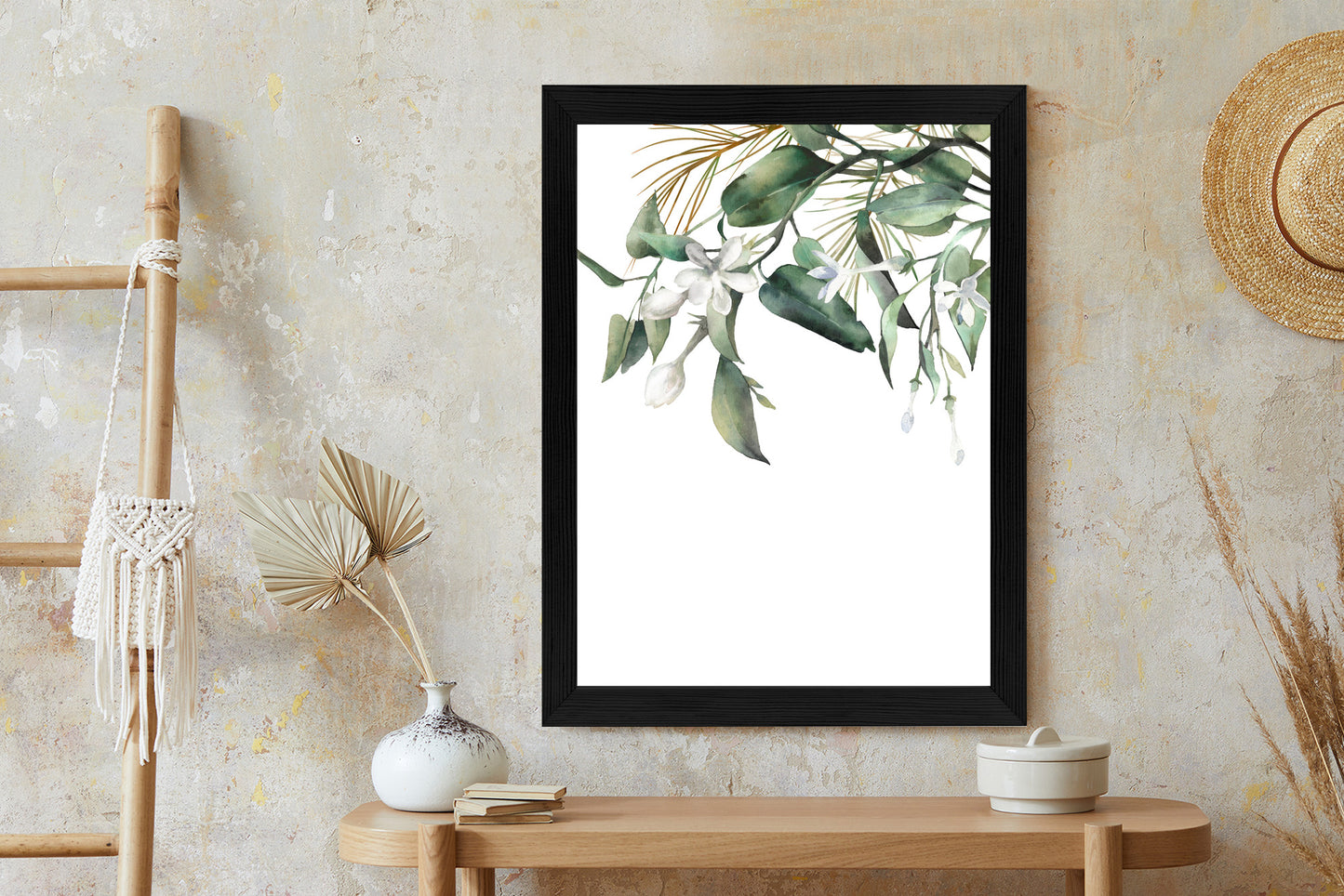 Poster Weiße Blumen Auf Grünen Aquarellzweigen Rahmen Holz Mit Passepartout Farbe Natürlich