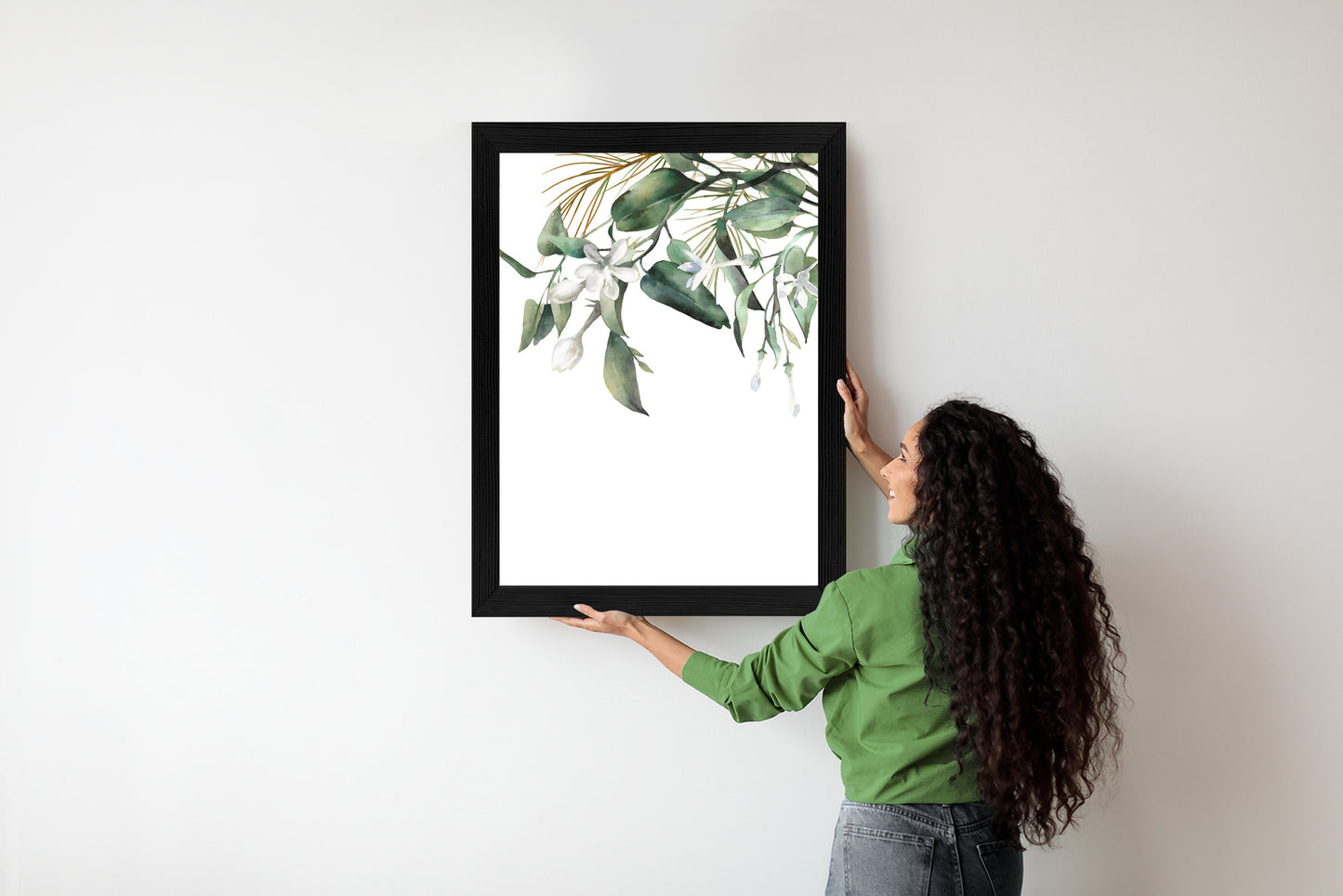 Poster Weiße Blumen Auf Grünen Aquarellzweigen Rahmen Holz Mit Passepartout Farbe Natürlich