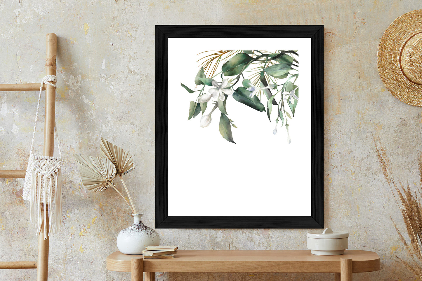 Poster Weiße Blumen Auf Grünen Aquarellzweigen Rahmen Holz Mit Passepartout Farbe Natürlich
