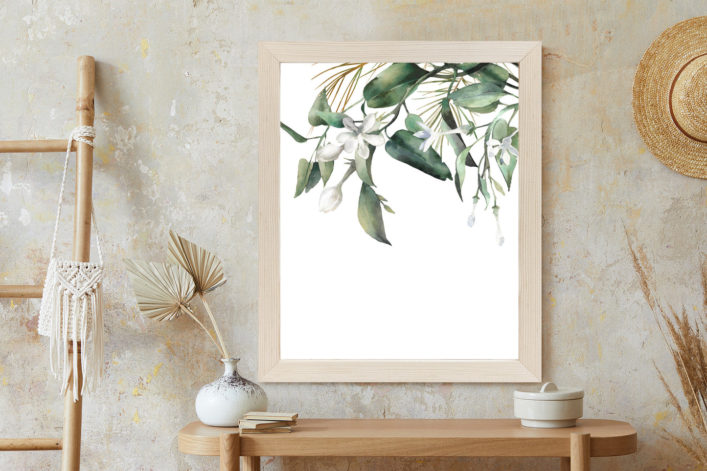 Poster Weiße Blumen Auf Grünen Aquarellzweigen Rahmen Holz Mit Passepartout Farbe Natürlich