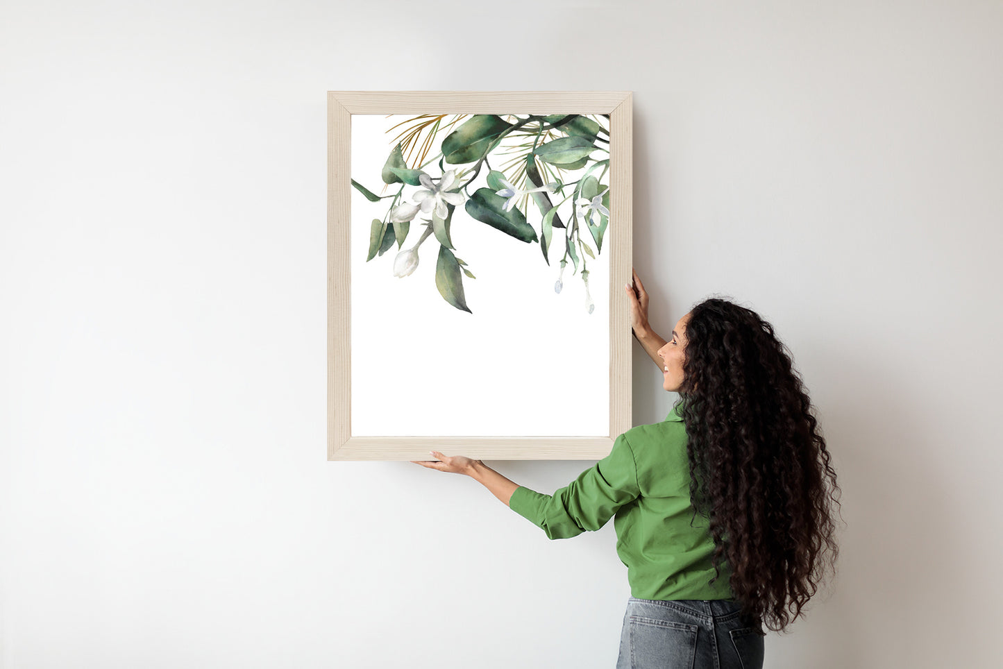 Poster Weiße Blumen Auf Grünen Aquarellzweigen Rahmen Holz Mit Passepartout Farbe Natürlich