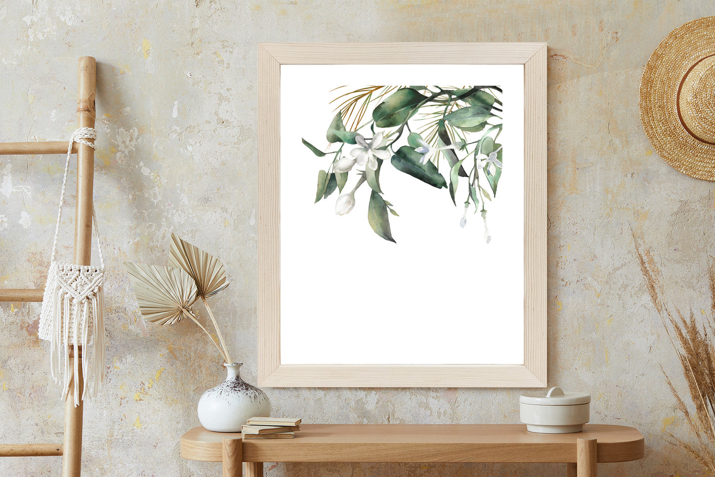 Poster Weiße Blumen Auf Grünen Aquarellzweigen Rahmen Holz Mit Passepartout Farbe Natürlich