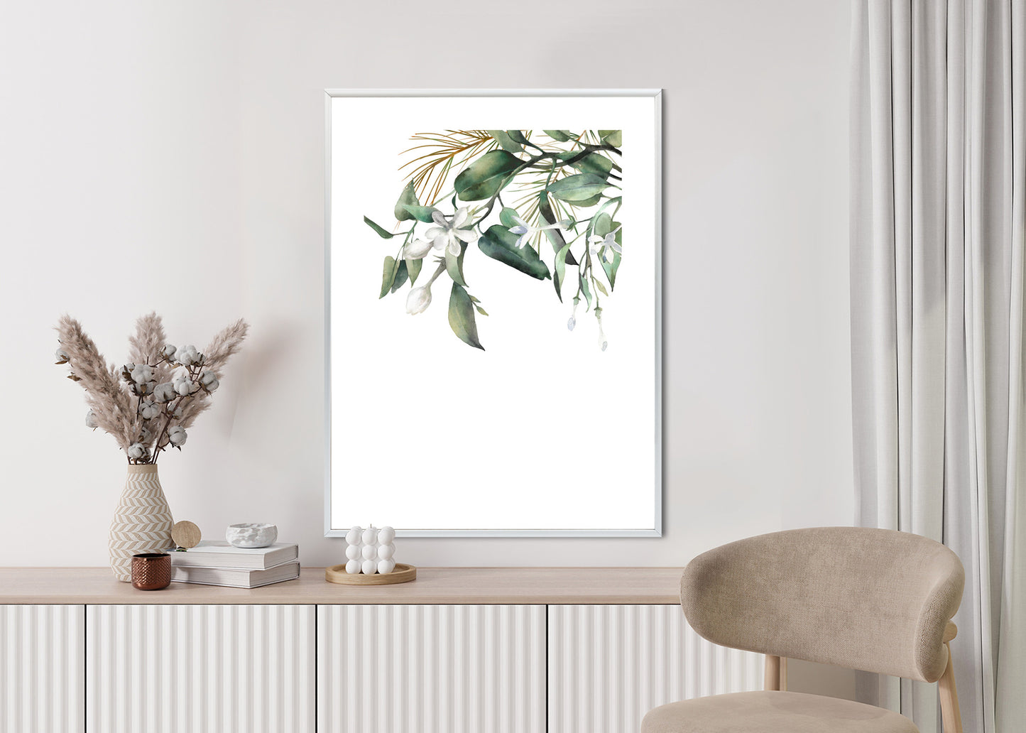 Poster Weiße Blumen Auf Grünen Aquarellzweigen Rahmen Holz Mit Passepartout Farbe Natürlich