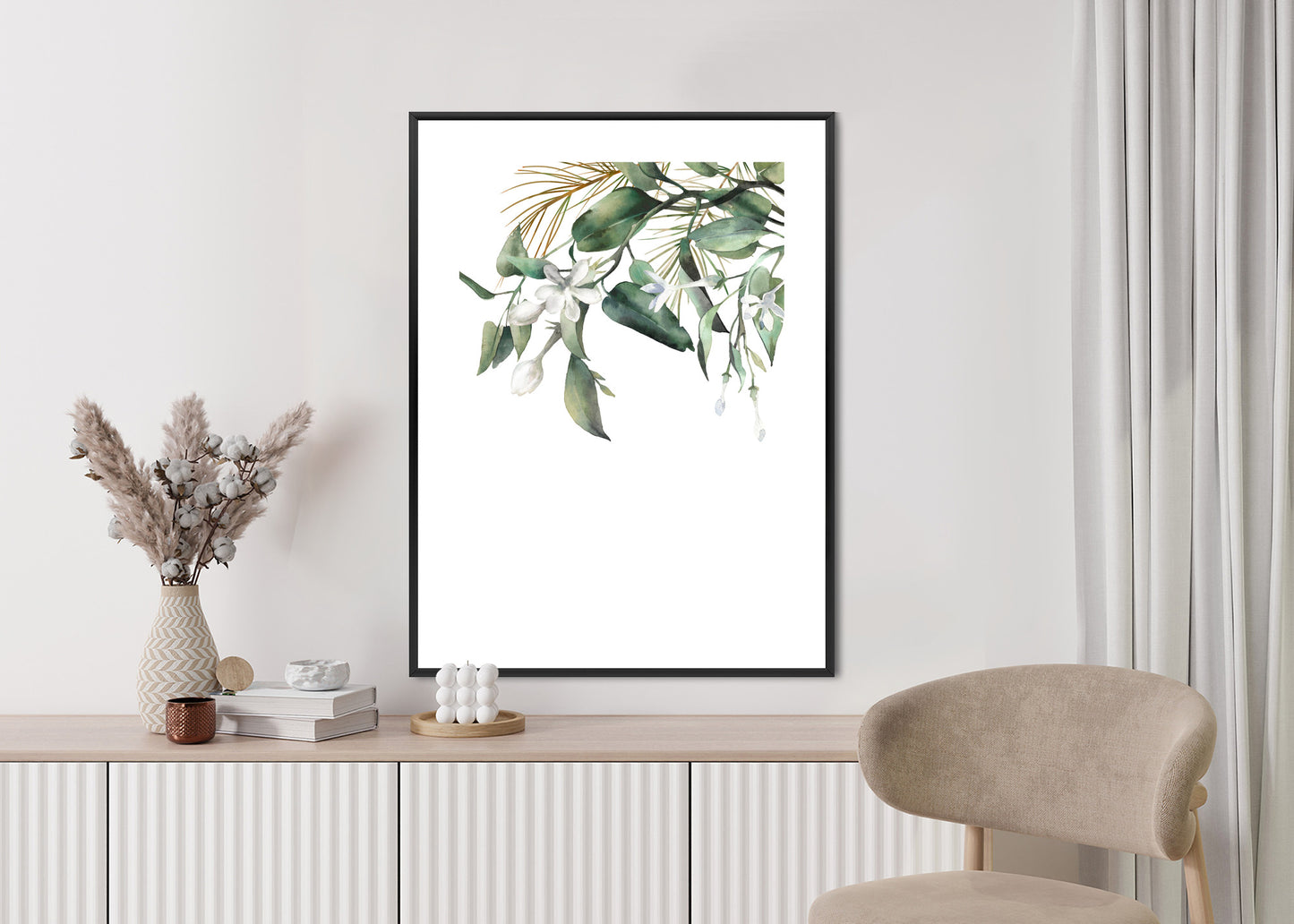 Poster Weiße Blumen Auf Grünen Aquarellzweigen Rahmen Holz Mit Passepartout Farbe Natürlich
