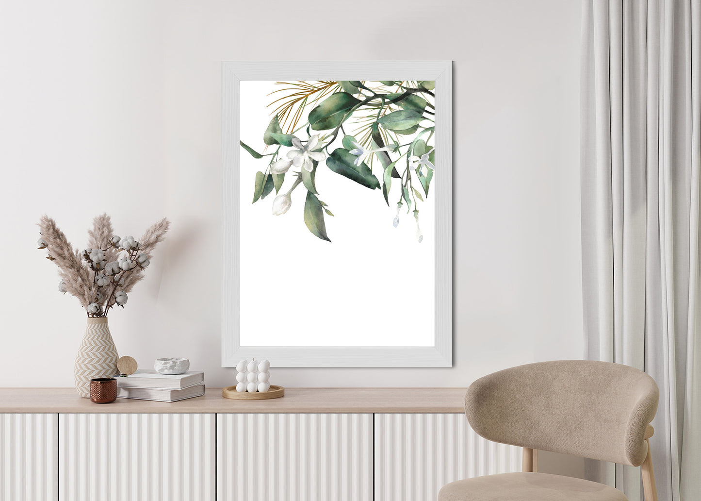 Poster Weiße Blumen Auf Grünen Aquarellzweigen Rahmen Holz Mit Passepartout Farbe Natürlich