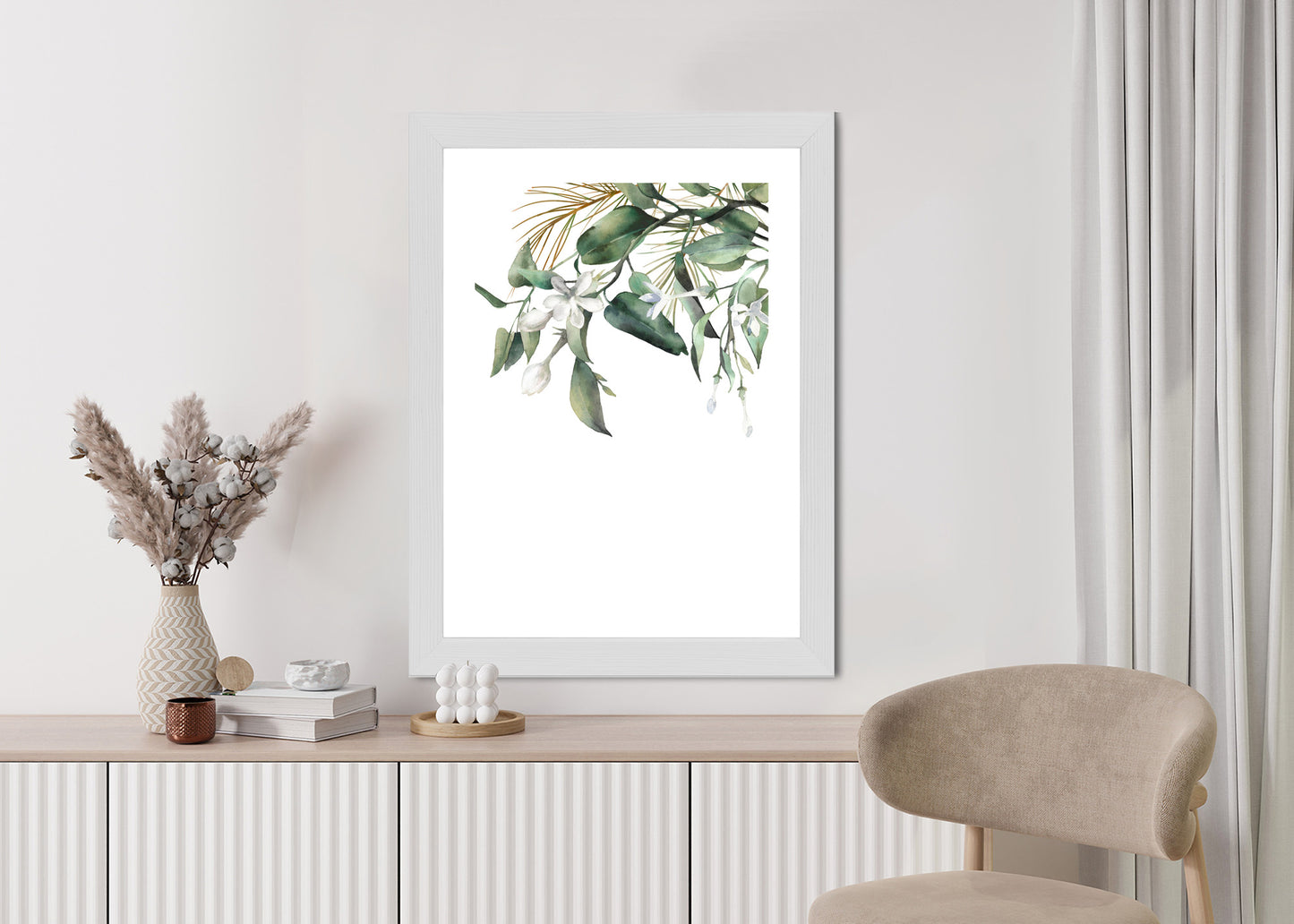 Poster Weiße Blumen Auf Grünen Aquarellzweigen Rahmen Holz Mit Passepartout Farbe Natürlich