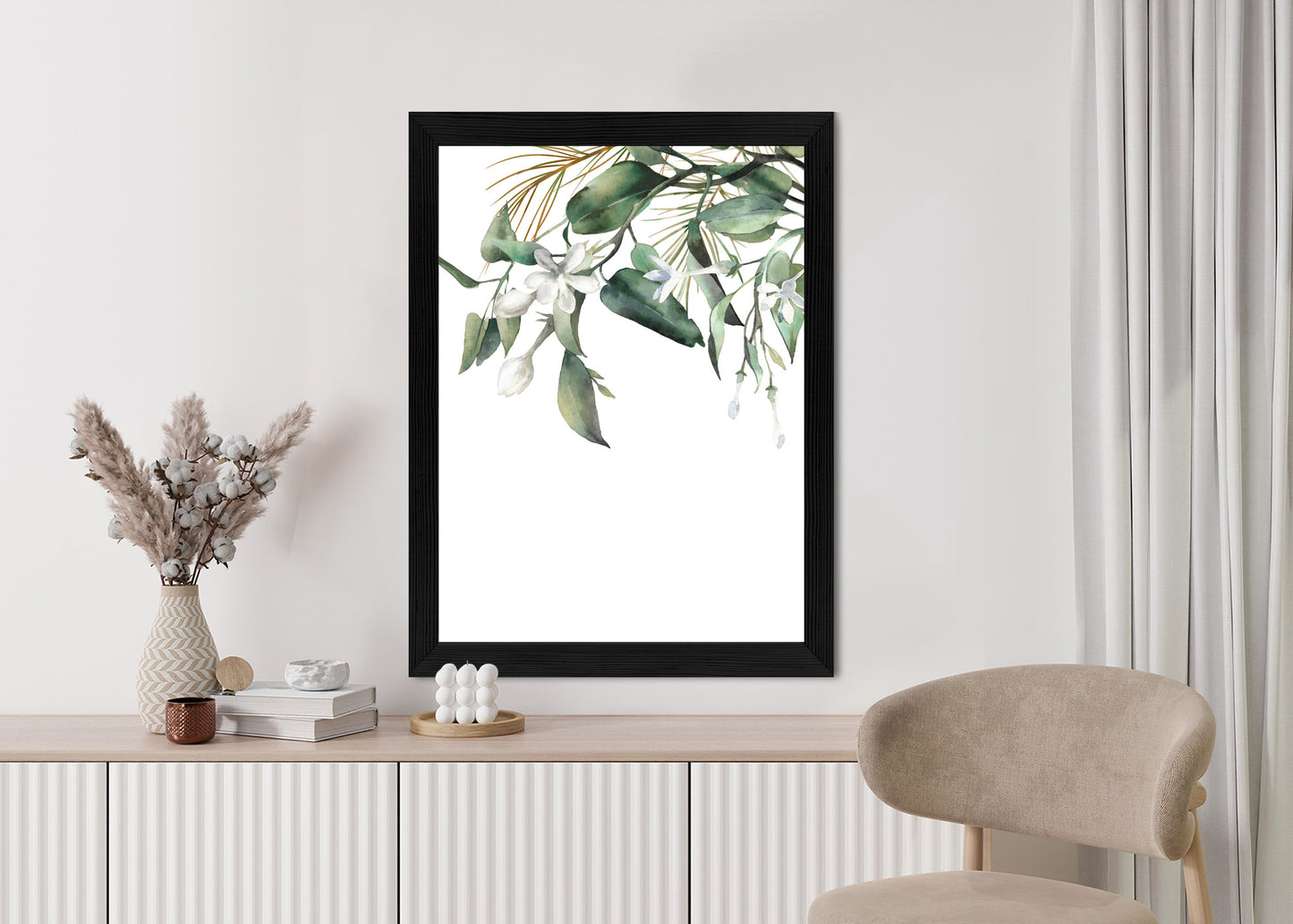 Poster Weiße Blumen Auf Grünen Aquarellzweigen Rahmen Holz Mit Passepartout Farbe Natürlich
