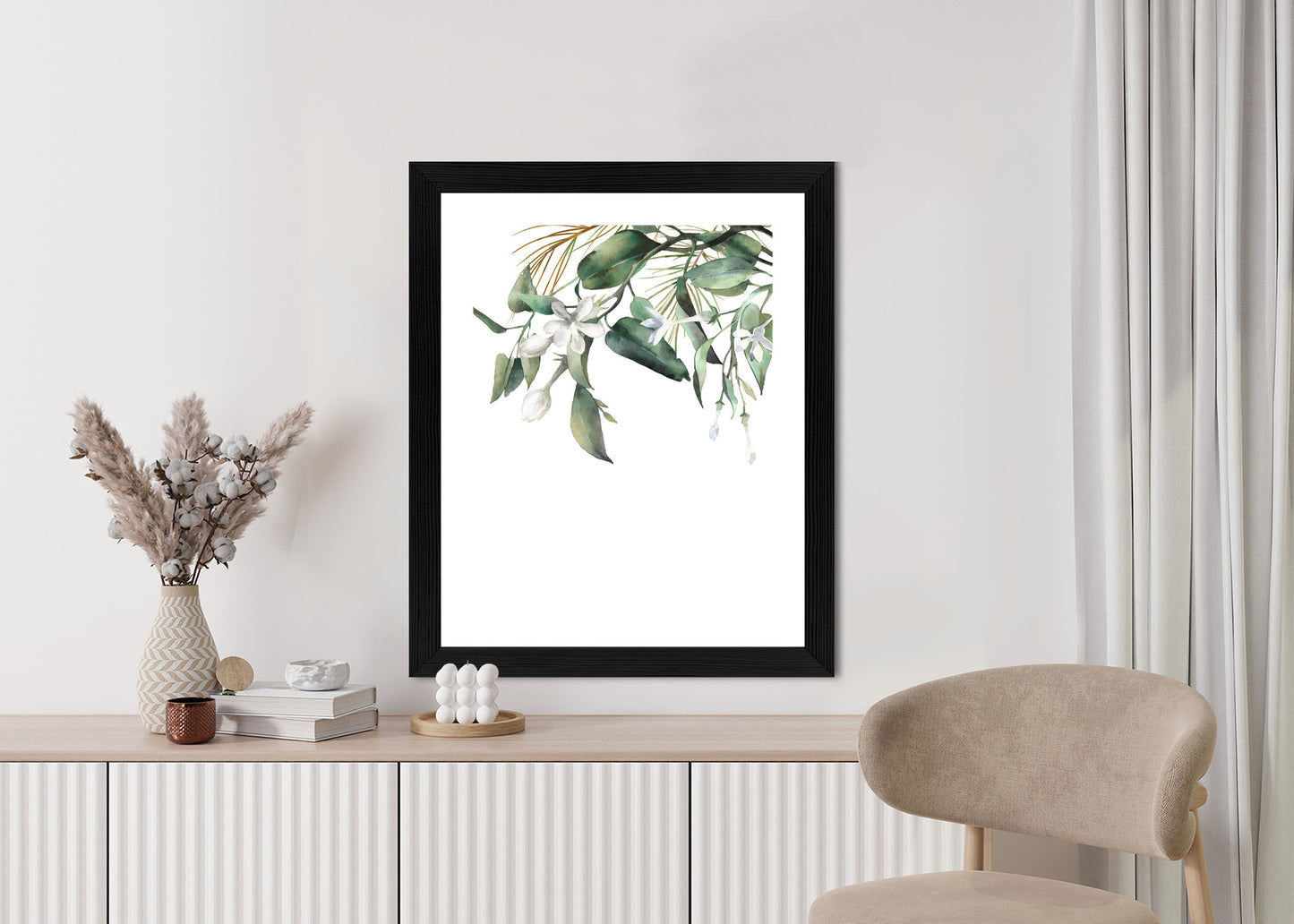 Poster Weiße Blumen Auf Grünen Aquarellzweigen Rahmen Holz Mit Passepartout Farbe Natürlich