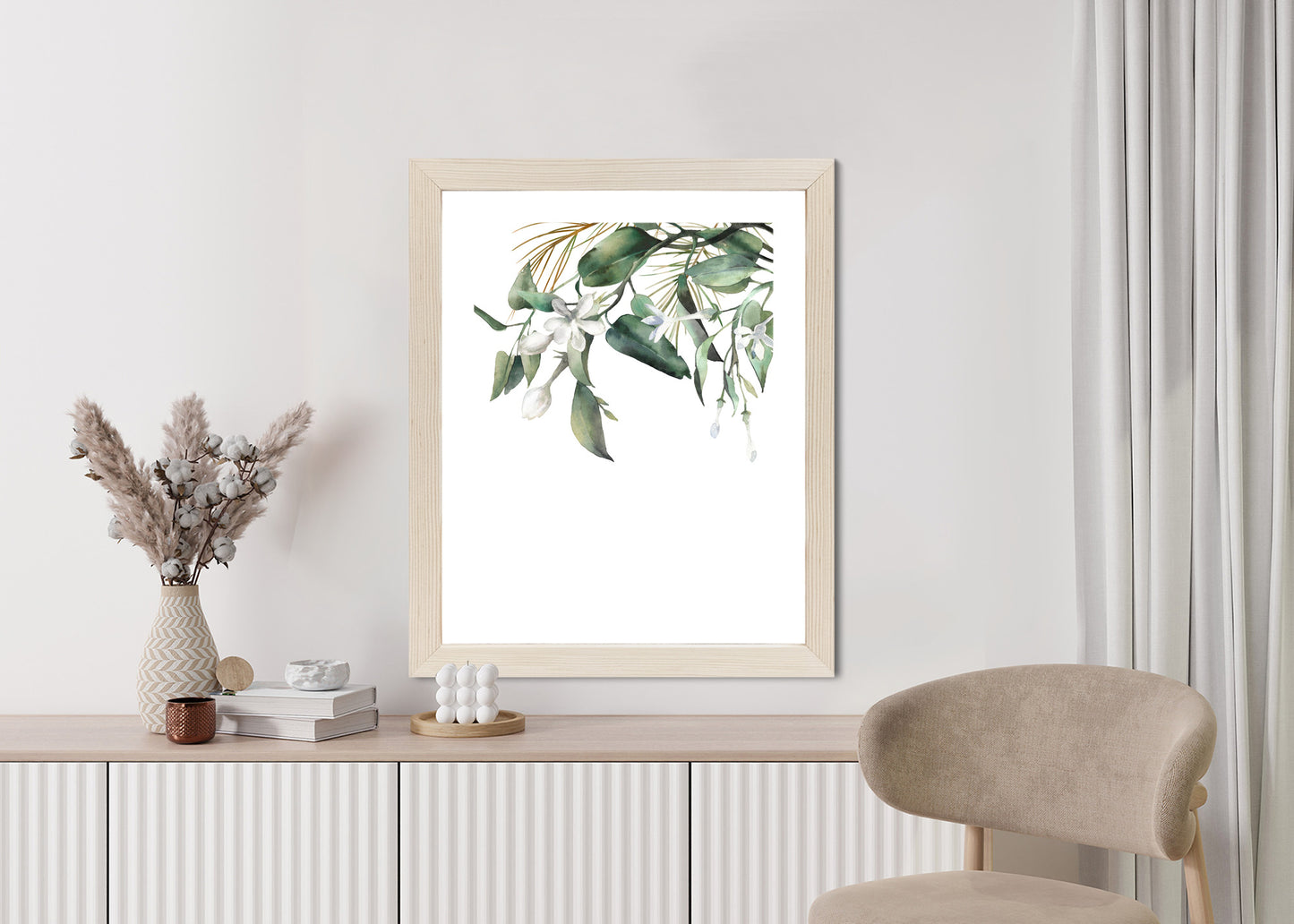 Poster Weiße Blumen Auf Grünen Aquarellzweigen Rahmen Holz Mit Passepartout Farbe Natürlich