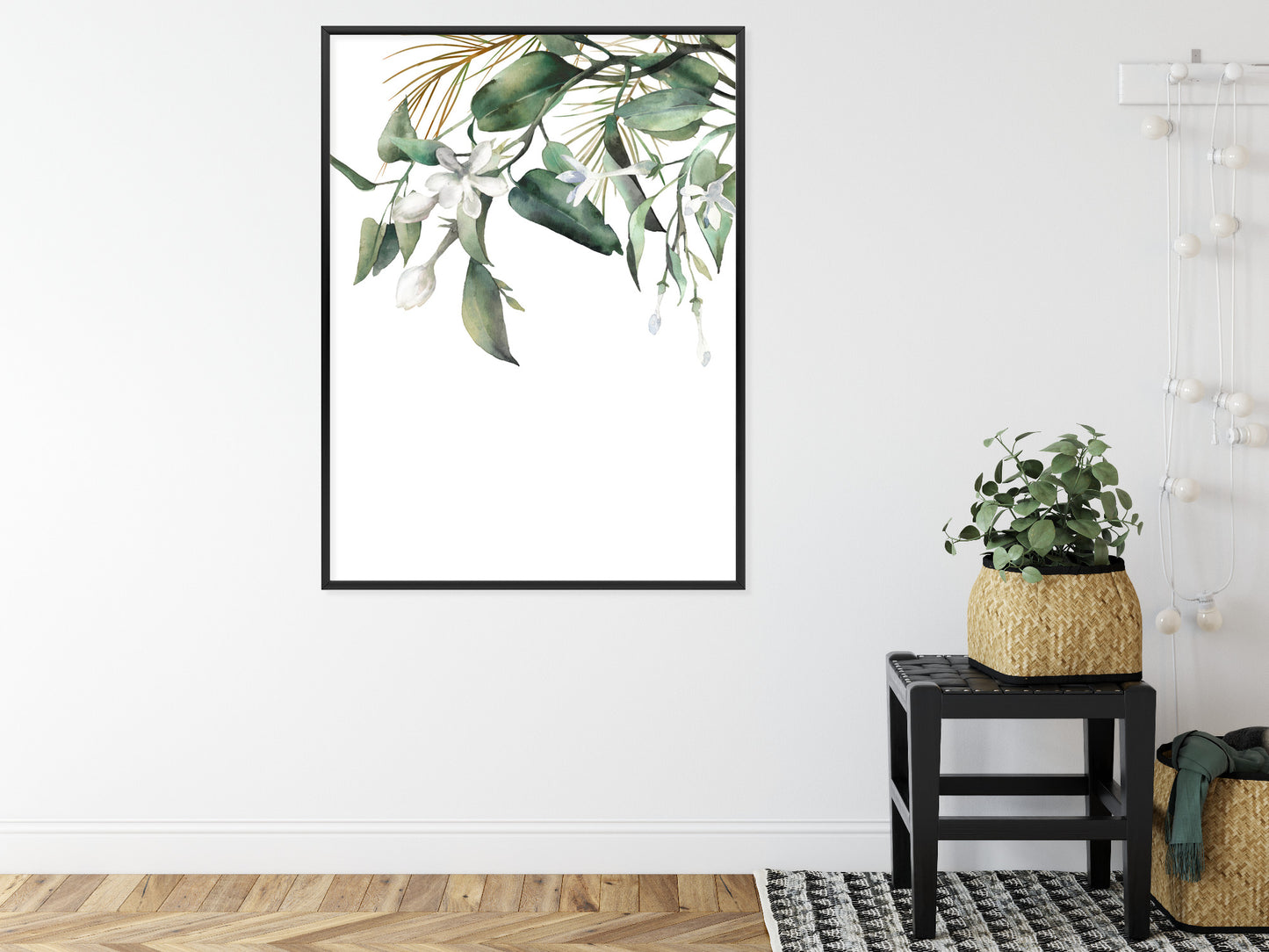 Poster Weiße Blumen Auf Grünen Aquarellzweigen Rahmen Holz Mit Passepartout Farbe Natürlich