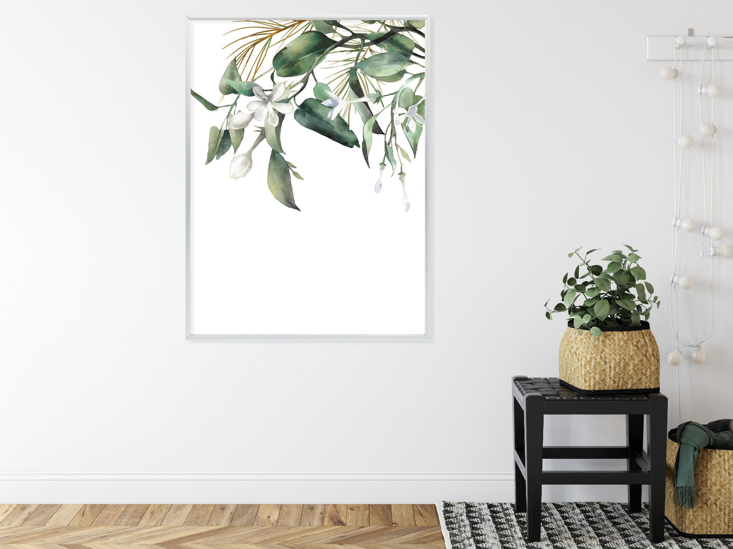 Poster Weiße Blumen Auf Grünen Aquarellzweigen Rahmen Holz Mit Passepartout Farbe Natürlich