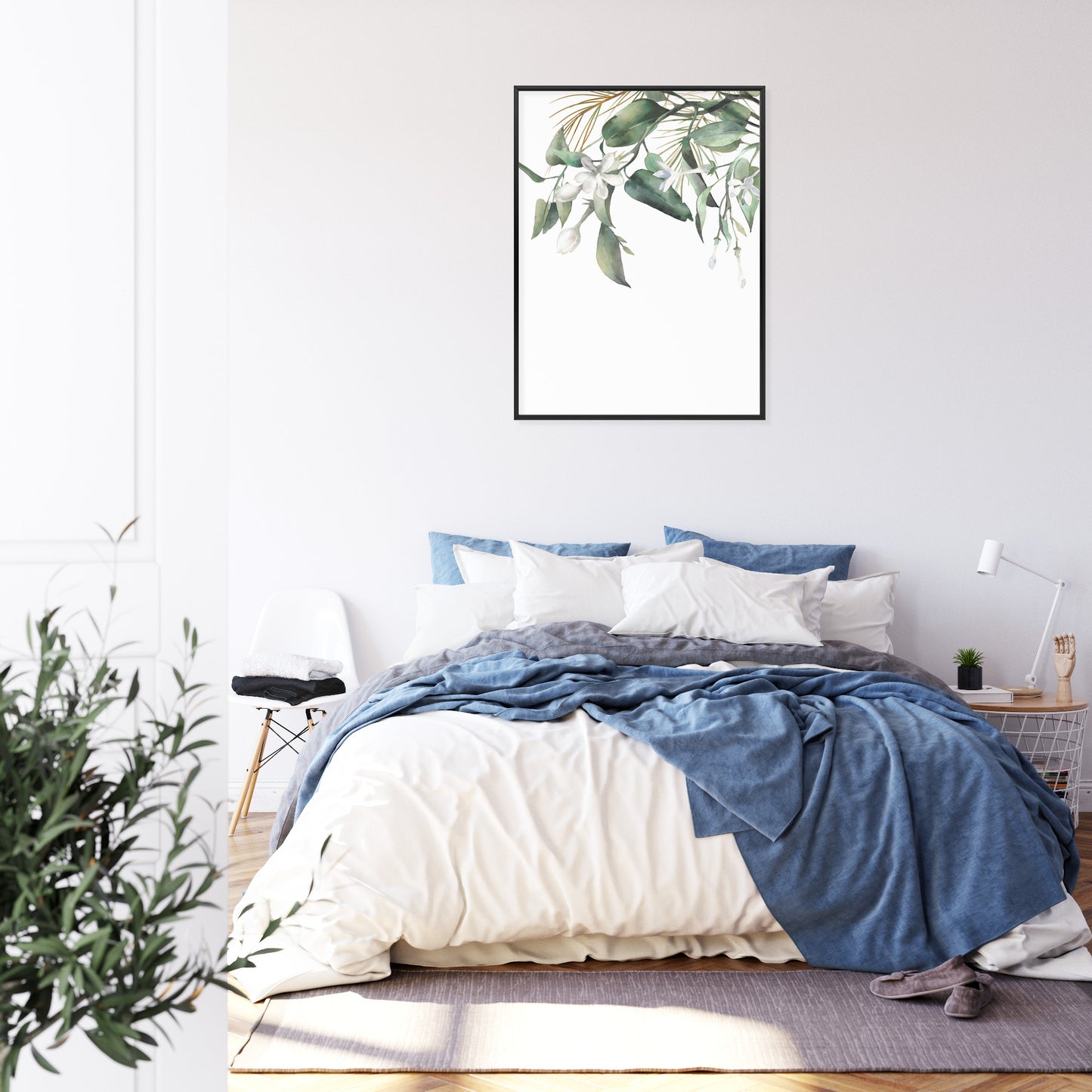 Poster Weiße Blumen Auf Grünen Aquarellzweigen Rahmen Holz Mit Passepartout Farbe Natürlich