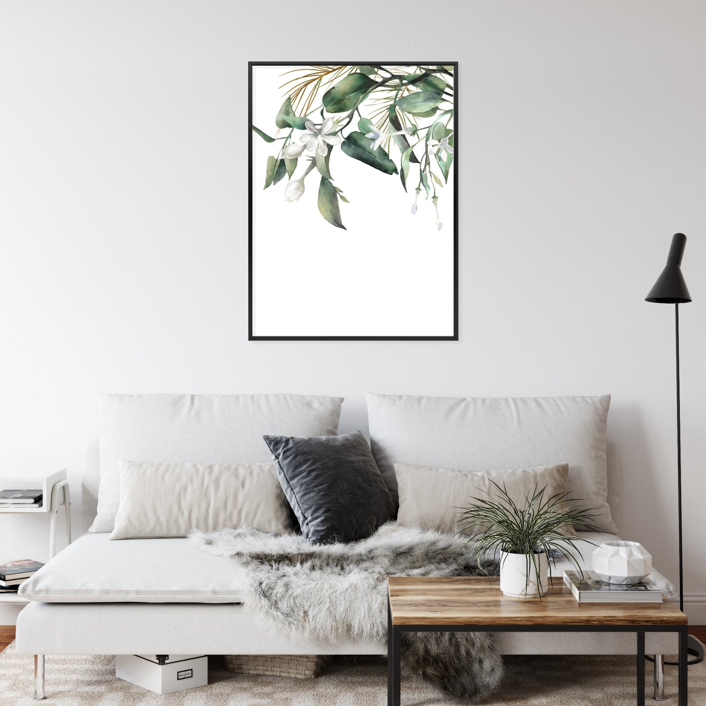 Poster Weiße Blumen Auf Grünen Aquarellzweigen Rahmen Holz Mit Passepartout Farbe Natürlich