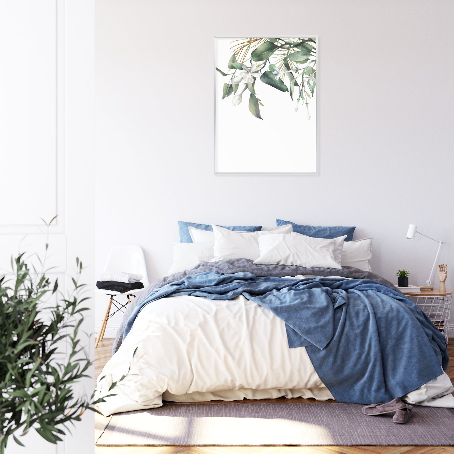 Poster Weiße Blumen Auf Grünen Aquarellzweigen Rahmen Holz Mit Passepartout Farbe Natürlich