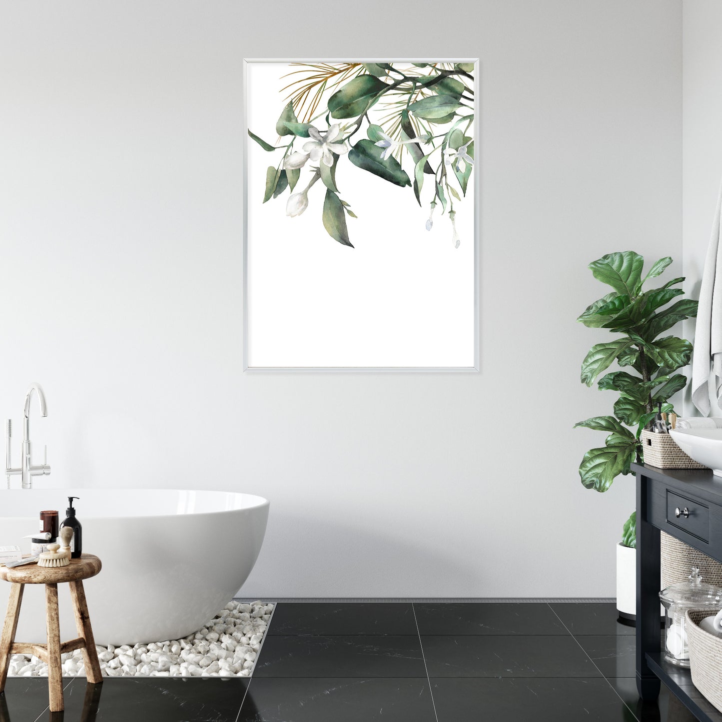Poster Weiße Blumen Auf Grünen Aquarellzweigen Rahmen Holz Mit Passepartout Farbe Natürlich