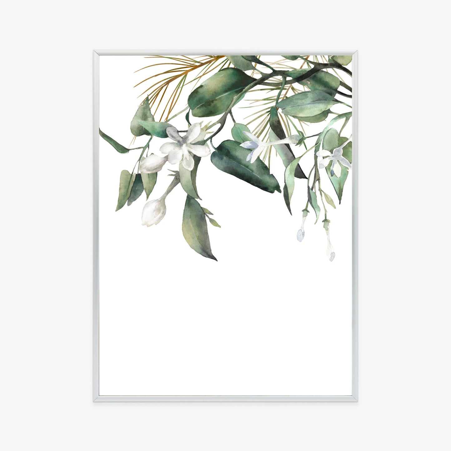 Poster Weiße Blumen Auf Grünen Aquarellzweigen Rahmen Holz Mit Passepartout Farbe Natürlich
