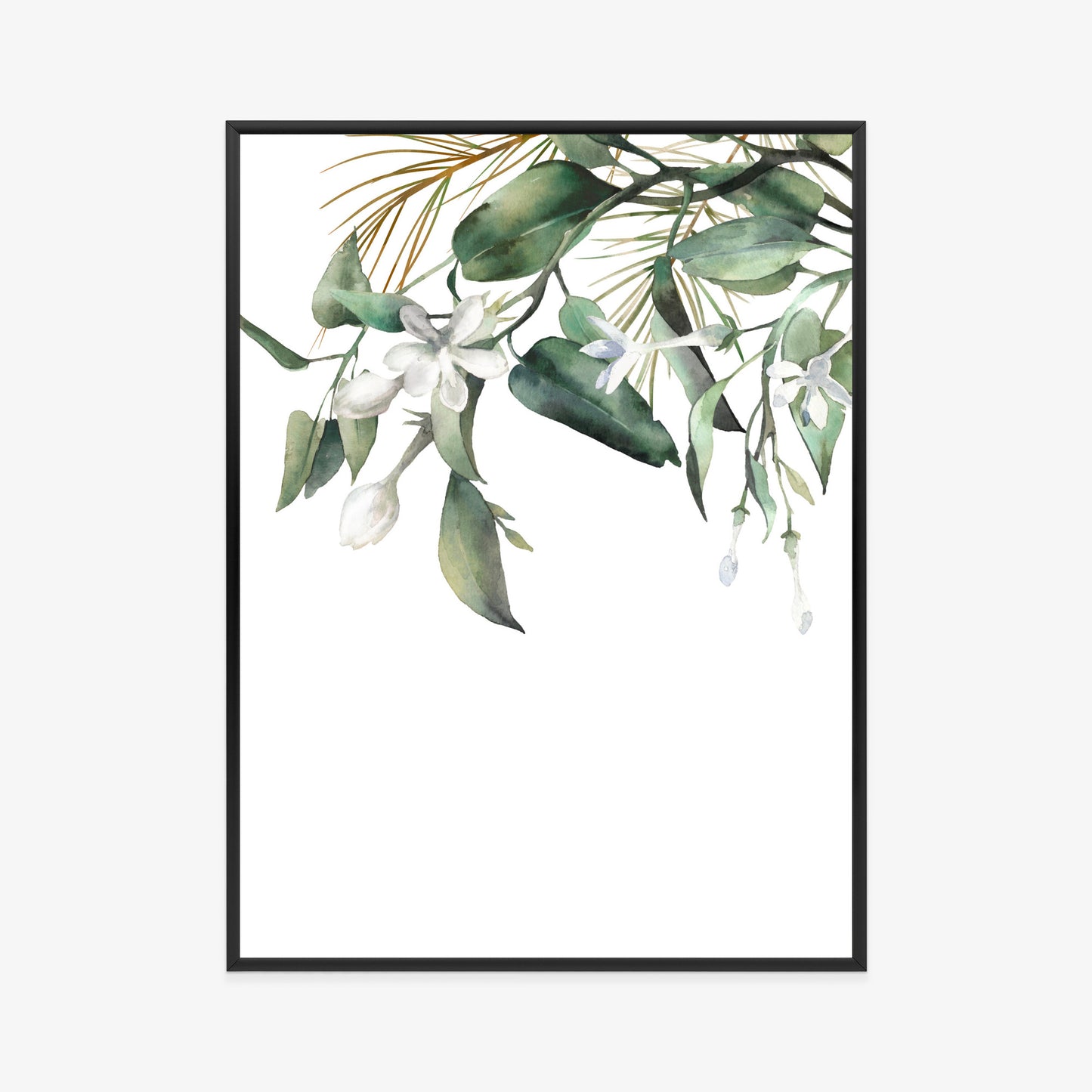 Poster Weiße Blumen Auf Grünen Aquarellzweigen Rahmen Holz Mit Passepartout Farbe Natürlich