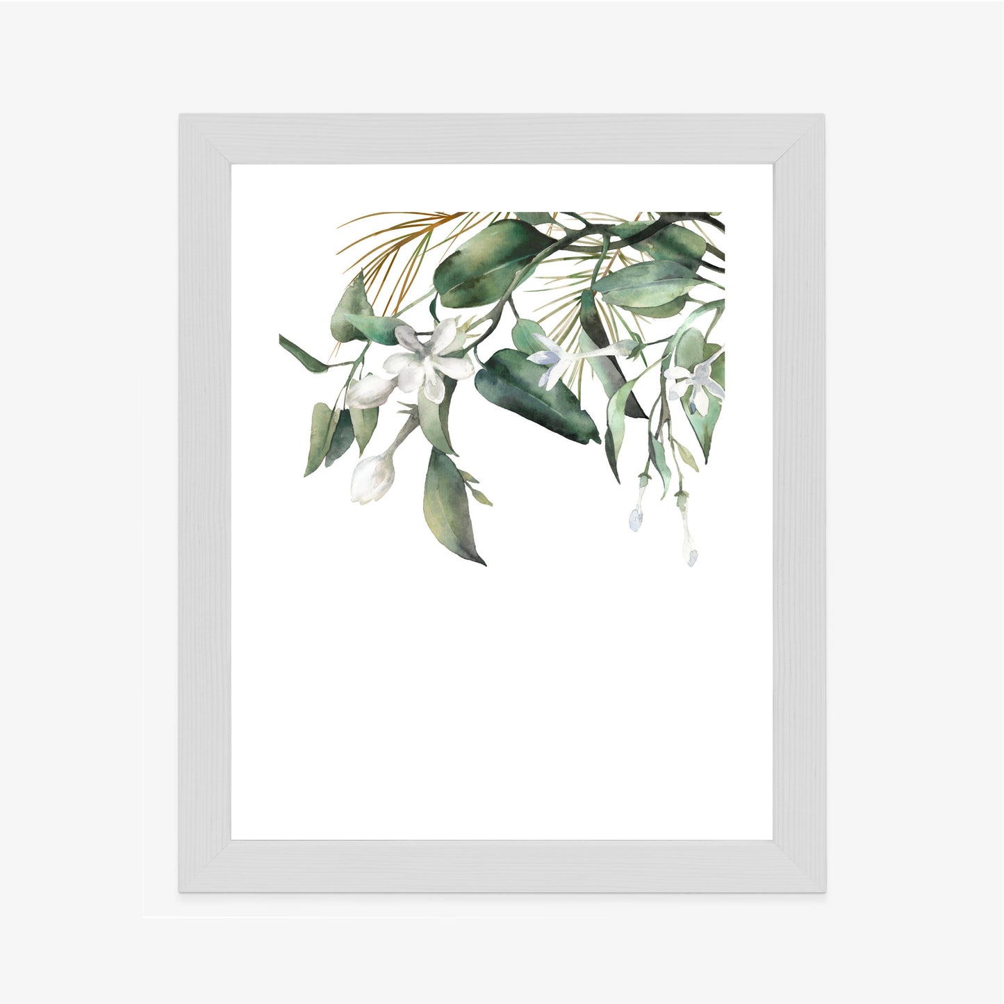 Poster Weiße Blumen Auf Grünen Aquarellzweigen Rahmen Holz Mit Passepartout Farbe Natürlich