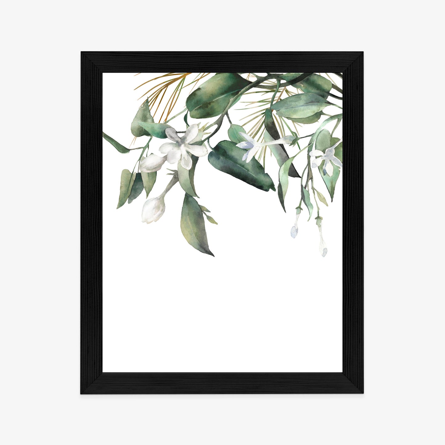Poster Weiße Blumen Auf Grünen Aquarellzweigen Rahmen Holz Mit Passepartout Farbe Natürlich