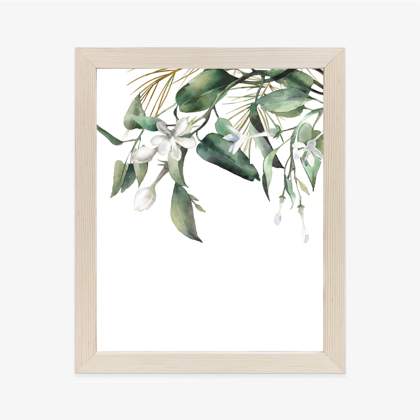 Poster Weiße Blumen Auf Grünen Aquarellzweigen Rahmen Holz Mit Passepartout Farbe Natürlich