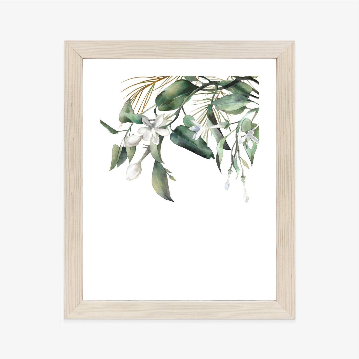 Poster Weiße Blumen Auf Grünen Aquarellzweigen Rahmen Holz Mit Passepartout Farbe Natürlich