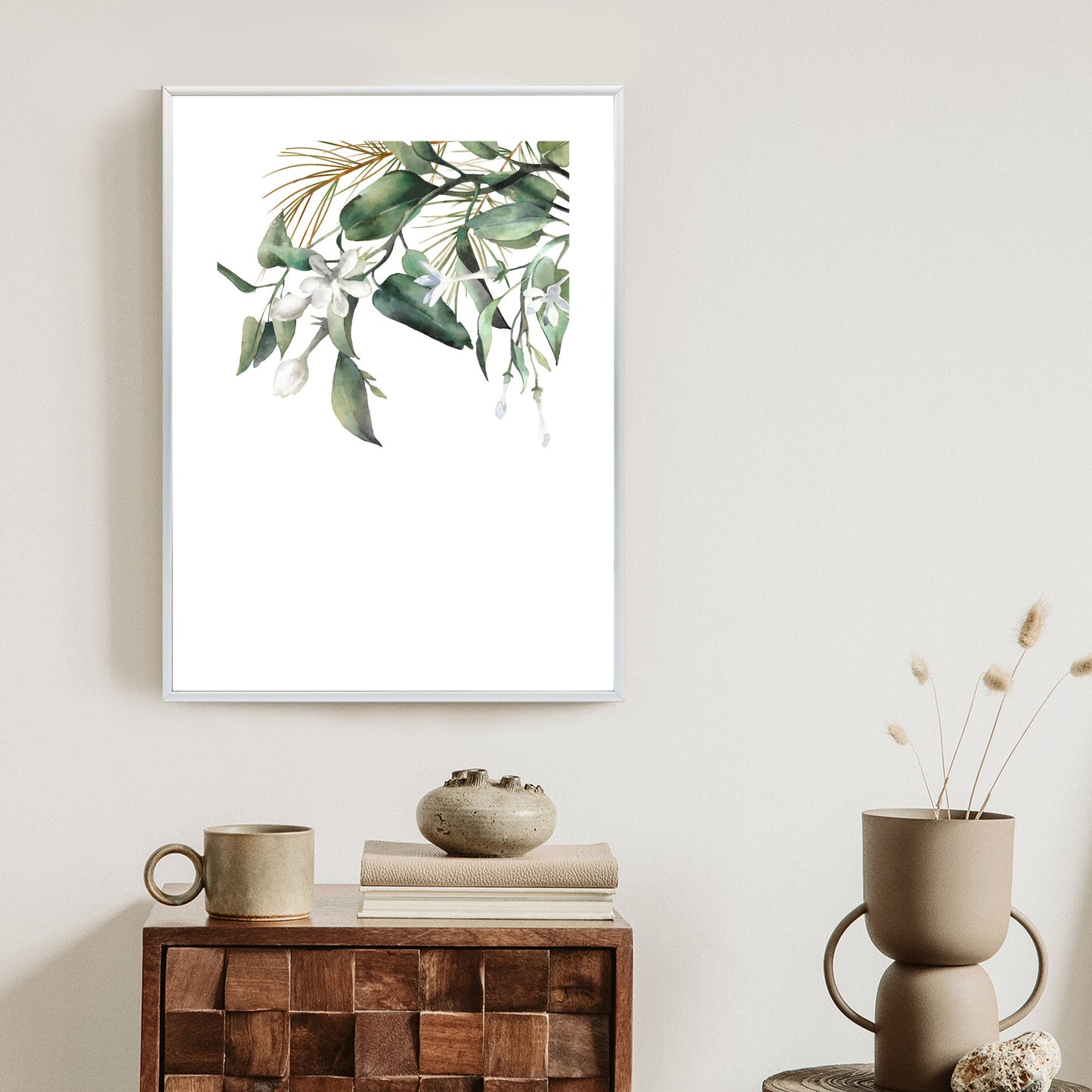 Poster Weiße Blumen Auf Grünen Aquarellzweigen Rahmen Holz Mit Passepartout Farbe Natürlich