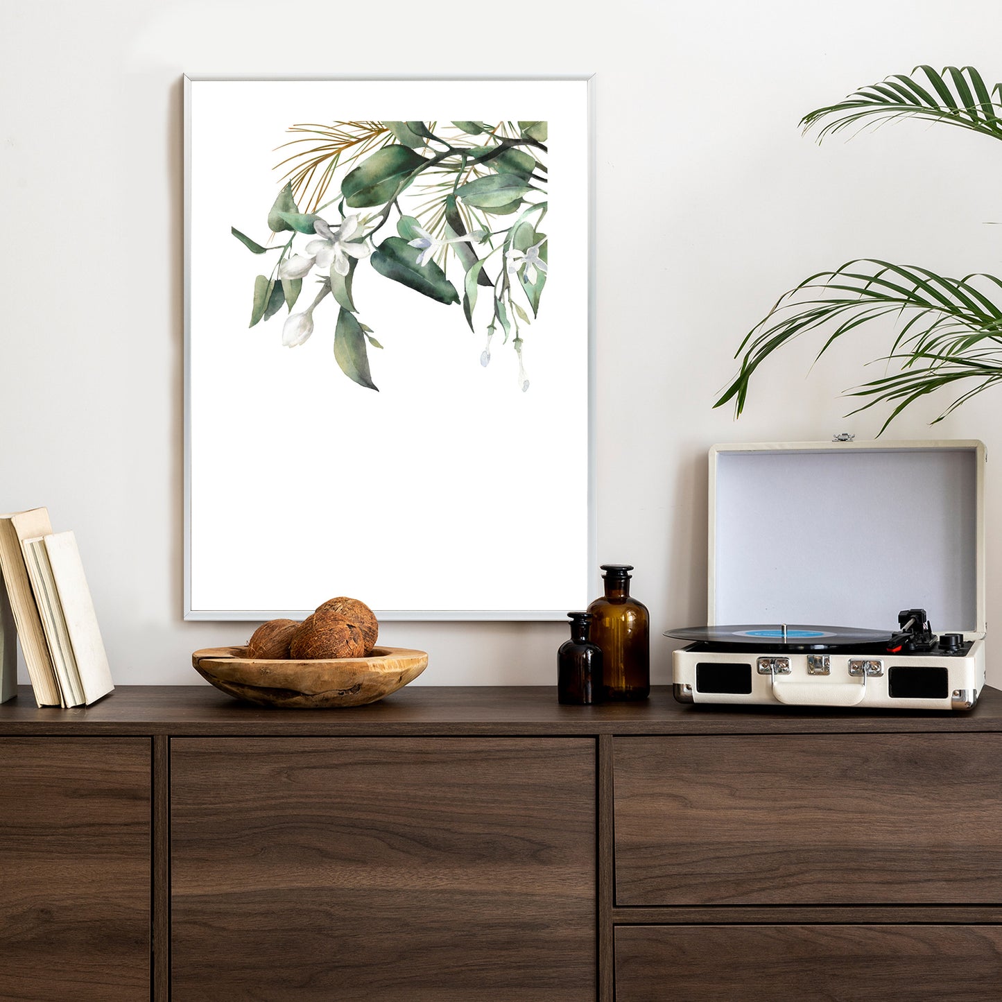 Poster Weiße Blumen Auf Grünen Aquarellzweigen Rahmen Holz Mit Passepartout Farbe Natürlich