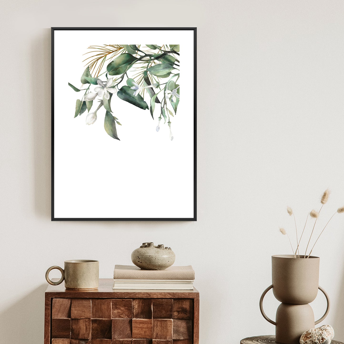 Poster Weiße Blumen Auf Grünen Aquarellzweigen Rahmen Holz Mit Passepartout Farbe Natürlich
