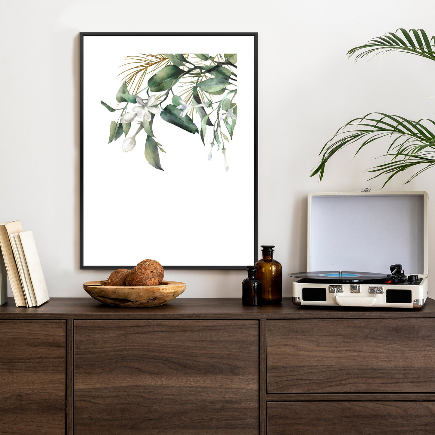 Poster Weiße Blumen Auf Grünen Aquarellzweigen Rahmen Holz Mit Passepartout Farbe Natürlich