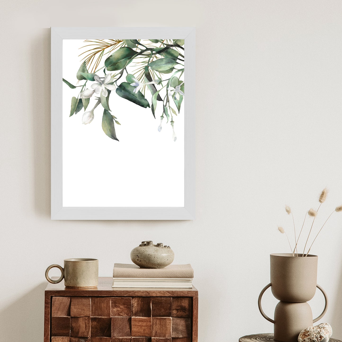 Poster Weiße Blumen Auf Grünen Aquarellzweigen Rahmen Holz Mit Passepartout Farbe Natürlich