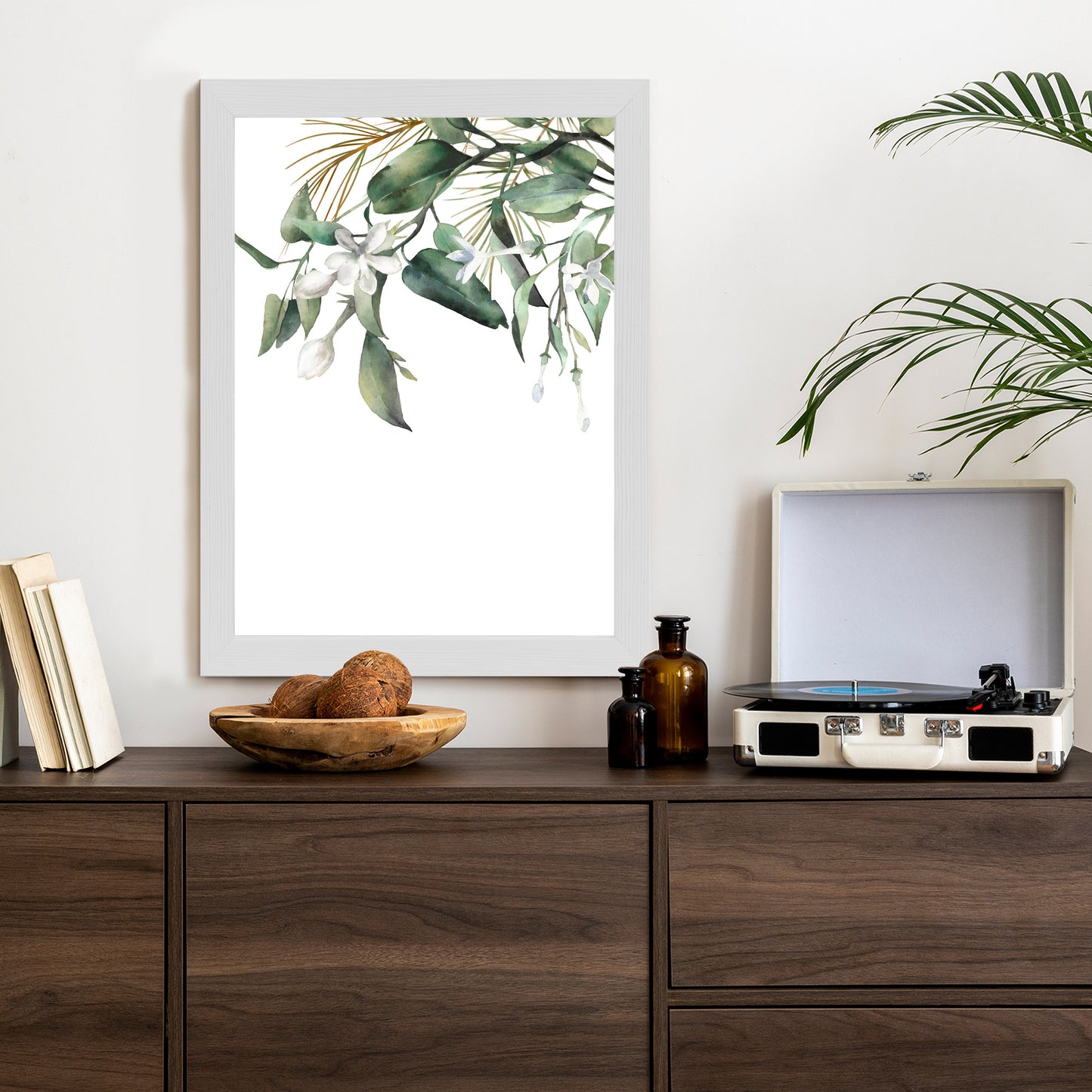 Poster Weiße Blumen Auf Grünen Aquarellzweigen Rahmen Holz Mit Passepartout Farbe Natürlich