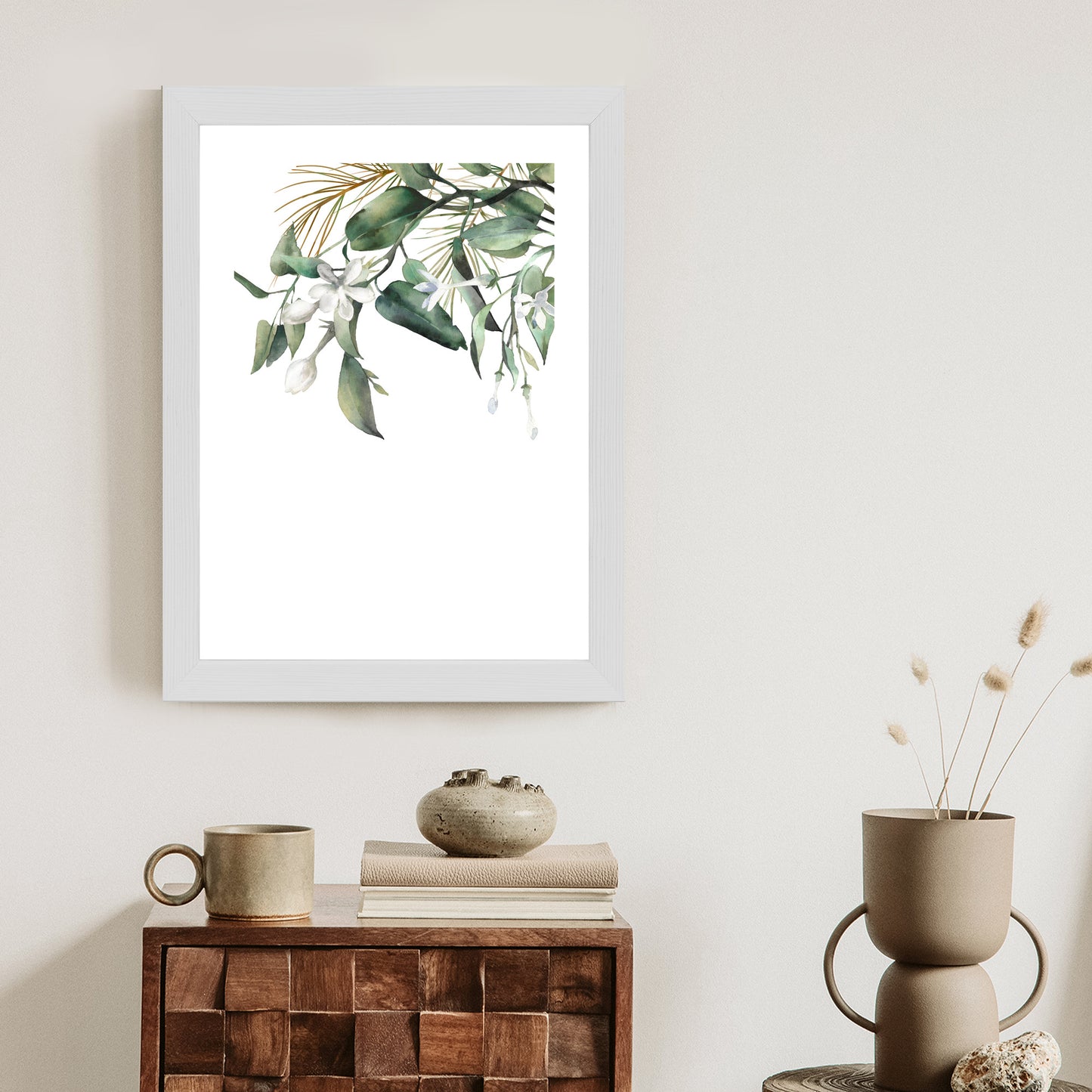 Poster Weiße Blumen Auf Grünen Aquarellzweigen Rahmen Holz Mit Passepartout Farbe Natürlich
