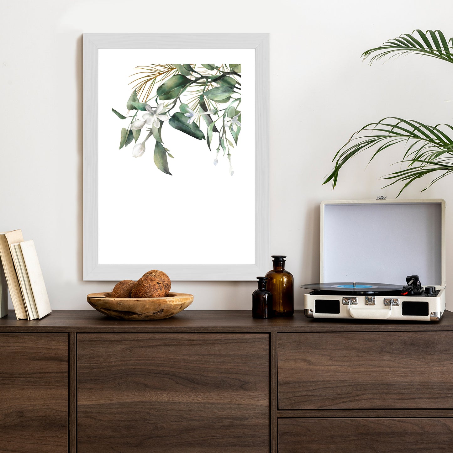 Poster Weiße Blumen Auf Grünen Aquarellzweigen Rahmen Holz Mit Passepartout Farbe Natürlich